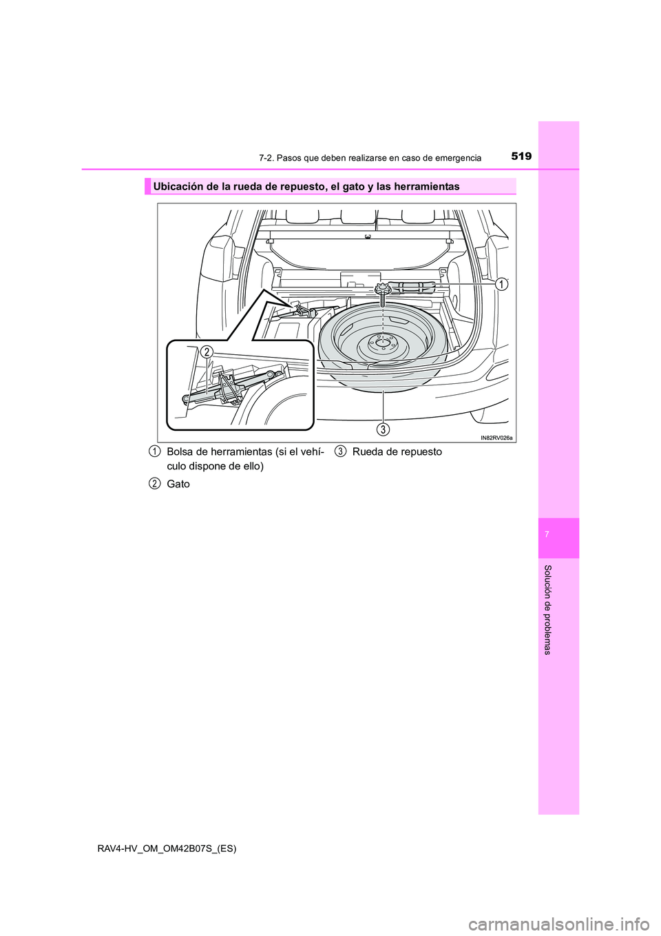TOYOTA RAV4 HYBRID 2017  Manual del propietario (in Spanish) 5197-2. Pasos que deben realizarse en caso de emergencia
RAV4-HV_OM_OM42B07S_(ES)
7
Solución de problemas
Ubicación de la rueda de repuesto, el gato y las herramientas
Bolsa de herramientas (si el v