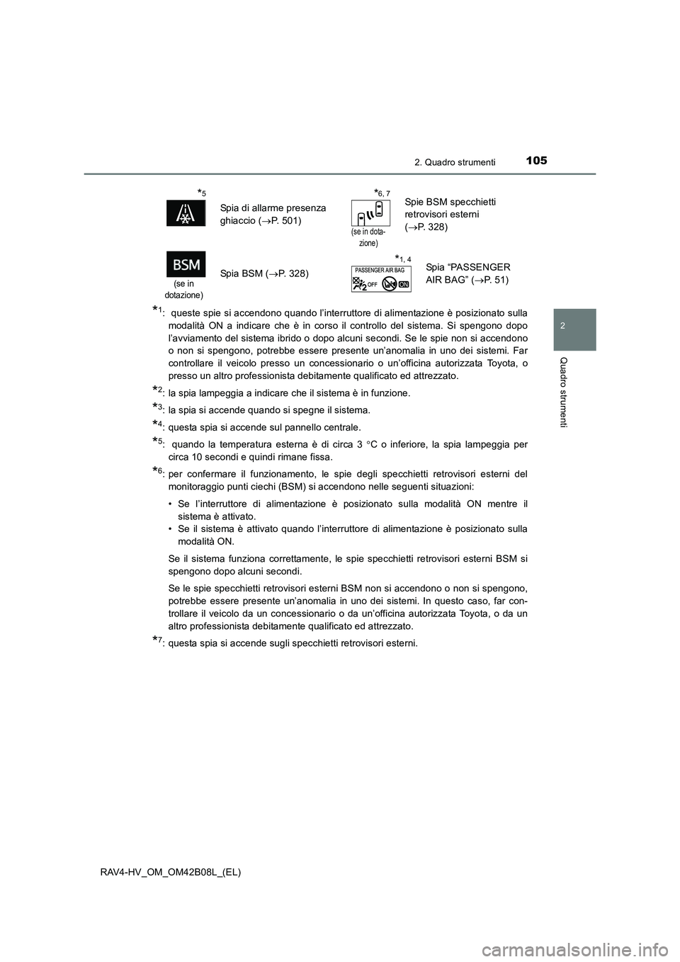 TOYOTA RAV4 HYBRID 2017  Manuale duso (in Italian) 1052. Quadro strumenti
2
Quadro strumenti
RAV4-HV_OM_OM42B08L_(EL)
*1:  queste spie si accendono quando l’interruttore di alimentazione è posizionato sullamodalità ON a indicare che è in corso il