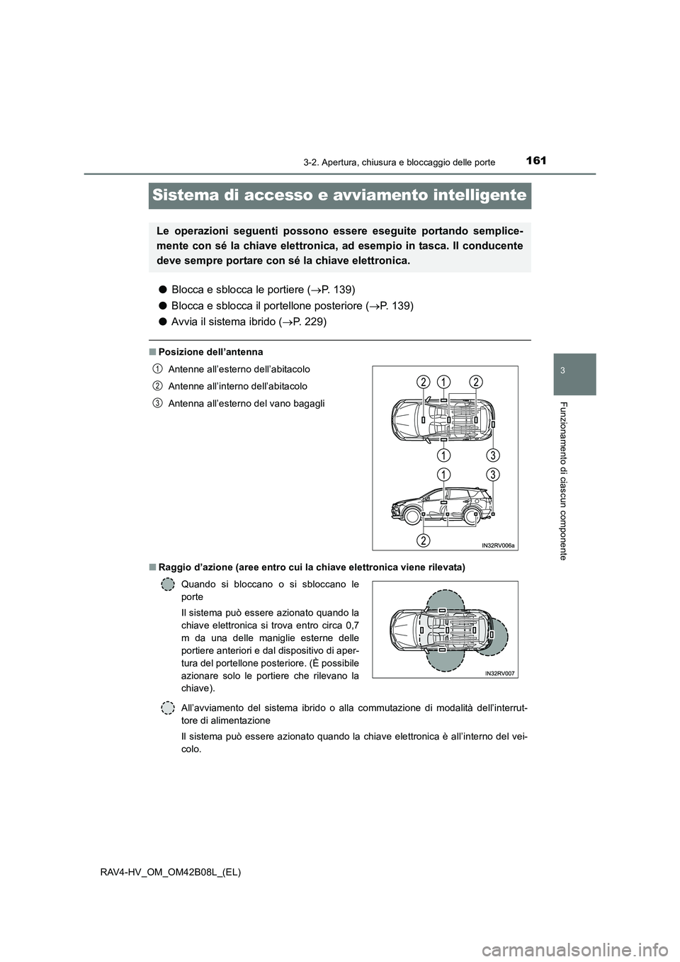 TOYOTA RAV4 HYBRID 2017 Manuale duso (in Italian) 161
3
3-2. Apertura, chiusura e bloccaggio delle porte
Funzionamento di ciascun componente
RAV4-HV_OM_OM42B08L_(EL)
Sistema di accesso e avviamento intelligente
●Blocca e sblocca le portiere ( →P. TOYOTA RAV4 HYBRID 2017 Manuale duso (in Italian) 161
3
3-2. Apertura, chiusura e bloccaggio delle porte
Funzionamento di ciascun componente
RAV4-HV_OM_OM42B08L_(EL)
Sistema di accesso e avviamento intelligente
●Blocca e sblocca le portiere ( →P.