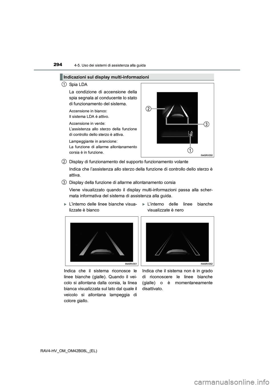 TOYOTA RAV4 HYBRID 2017 Manuale duso (in Italian) 2944-5. Uso dei sistemi di assistenza alla guida
RAV4-HV_OM_OM42B08L_(EL)
Spi a LDA
La condizione di accensione della
spia segnala al conducente lo stato
di funzionamento del sistema.
Accensione in bi TOYOTA RAV4 HYBRID 2017 Manuale duso (in Italian) 2944-5. Uso dei sistemi di assistenza alla guida
RAV4-HV_OM_OM42B08L_(EL)
Spi a LDA
La condizione di accensione della
spia segnala al conducente lo stato
di funzionamento del sistema.
Accensione in bi