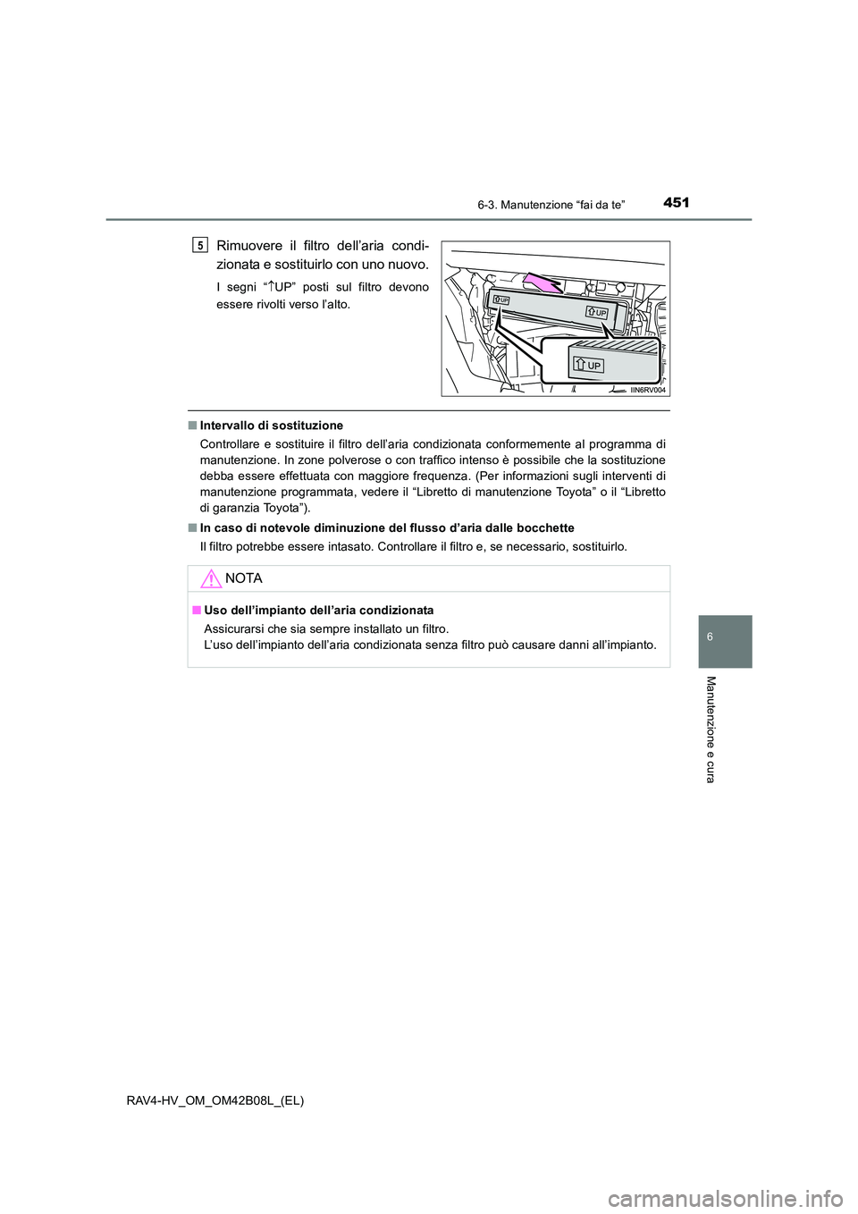 TOYOTA RAV4 HYBRID 2017  Manuale duso (in Italian) 4516-3. Manutenzione “fai da te”
RAV4-HV_OM_OM42B08L_(EL)
6
Manutenzione e cura
Rimuovere il filtro dell’aria condi-
zionata e sostituirlo con uno nuovo.
I segni “↑UP” posti sul filtro dev