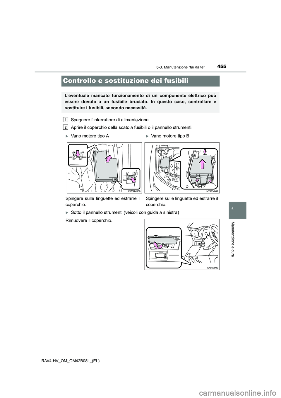 TOYOTA RAV4 HYBRID 2017  Manuale duso (in Italian) 4556-3. Manutenzione “fai da te”
RAV4-HV_OM_OM42B08L_(EL)
6
Manutenzione e cura
Controllo e sostituzione dei fusibili
Spegnere l’interruttore di alimentazione.
Aprire il coperchio della scatola 