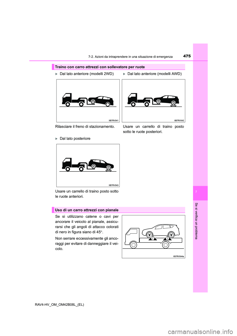 TOYOTA RAV4 HYBRID 2017  Manuale duso (in Italian) 4757-2. Azioni da intraprendere in una situazione di emergenza
RAV4-HV_OM_OM42B08L_(EL)
7
Se si verifica un problema
Se si utilizzano catene o cavi per
ancorare il veicolo al pianale, assicu-
rarsi ch