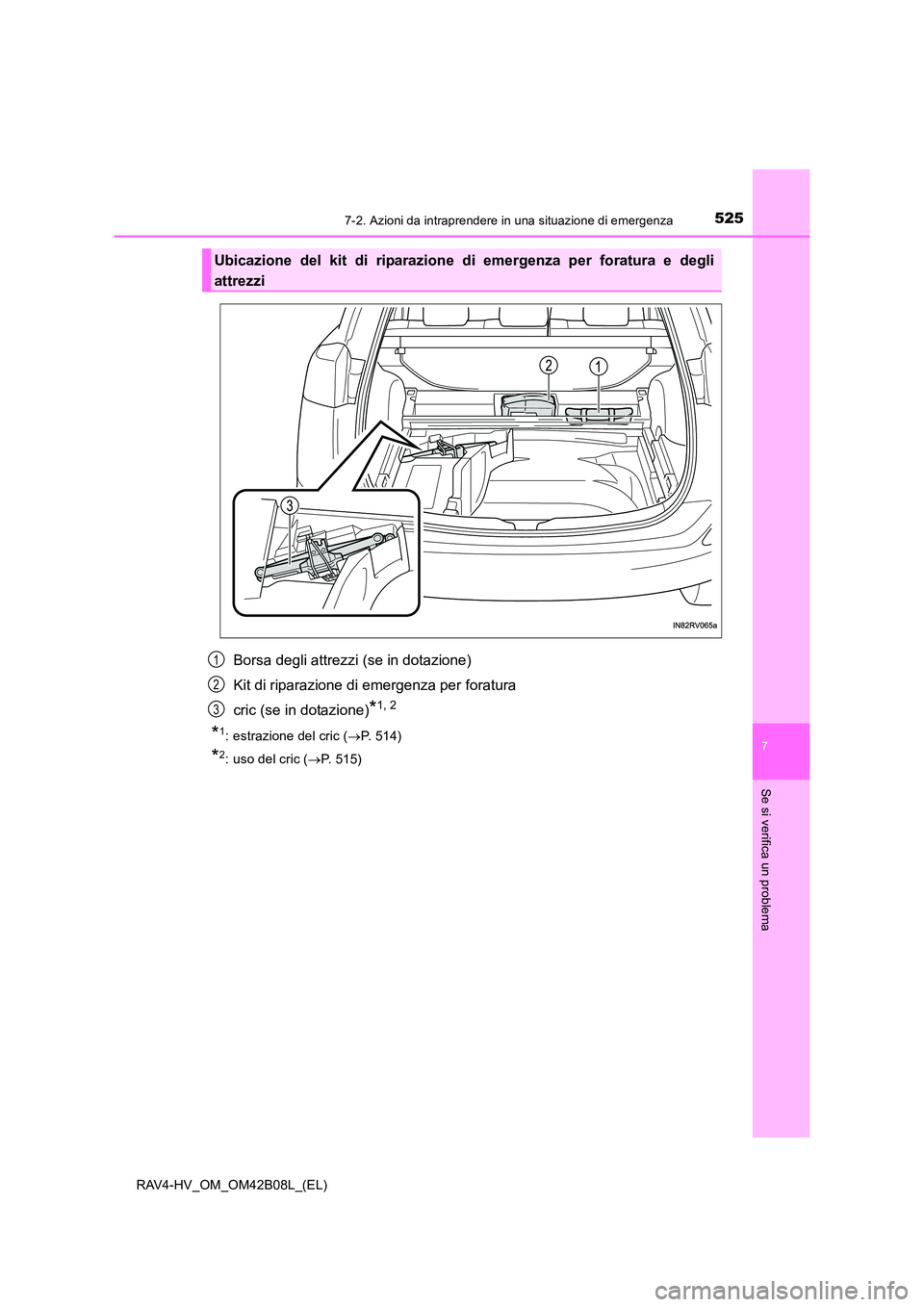 TOYOTA RAV4 HYBRID 2017  Manuale duso (in Italian) 5257-2. Azioni da intraprendere in una situazione di emergenza
RAV4-HV_OM_OM42B08L_(EL)
7
Se si verifica un problema
Borsa degli attrezzi (se in dotazione)
Kit di riparazione di emergenza per foratura