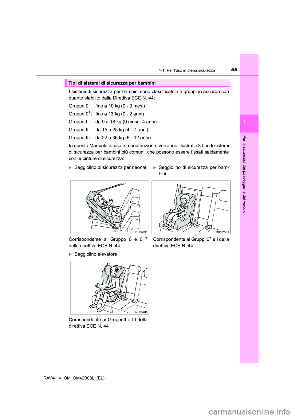 TOYOTA RAV4 HYBRID 2017  Manuale duso (in Italian) 551-1. Per l’uso in piena sicurezza
1
RAV4-HV_OM_OM42B08L_(EL)
Per la sicurezza dei passeggeri e del veicolo
I sistemi di sicurezza per bambini sono classificati in 5 gruppi in accordo con
quanto st