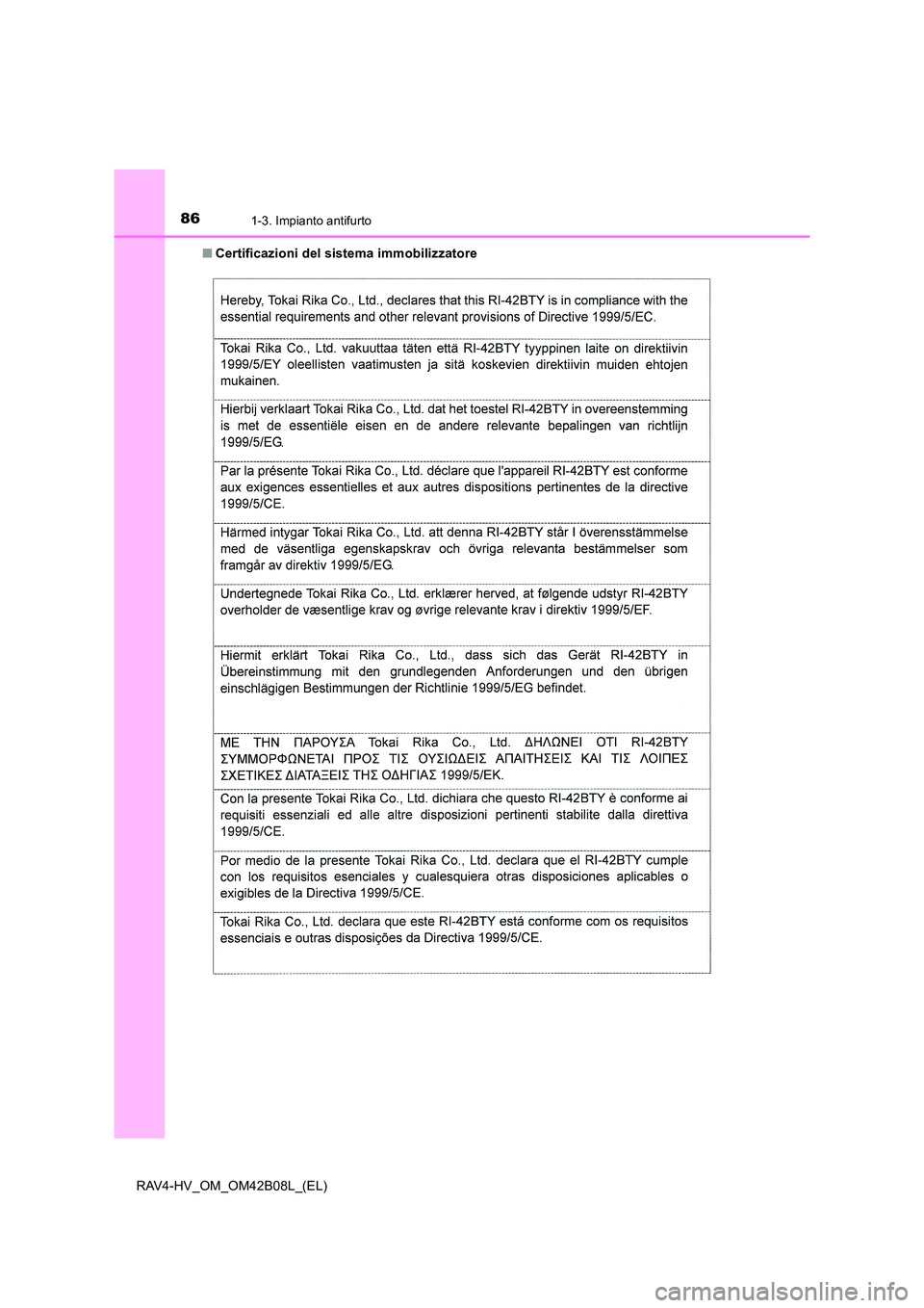 TOYOTA RAV4 HYBRID 2017  Manuale duso (in Italian) 861-3. Impianto antifurto
RAV4-HV_OM_OM42B08L_(EL)■
Certificazioni del sistema immobilizzatore 