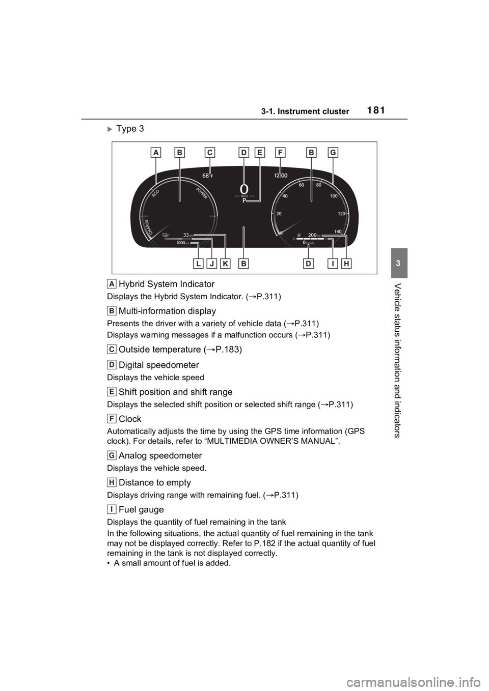 TOYOTA RAV4 PRIME 2023  Owners Manual 1813-1. Instrument cluster
3
Vehicle status information and indicators
Type 3Hybrid System Indicator
Displays the Hybrid S ystem Indicator. (P.311)
Multi-information display
Presents the driver 