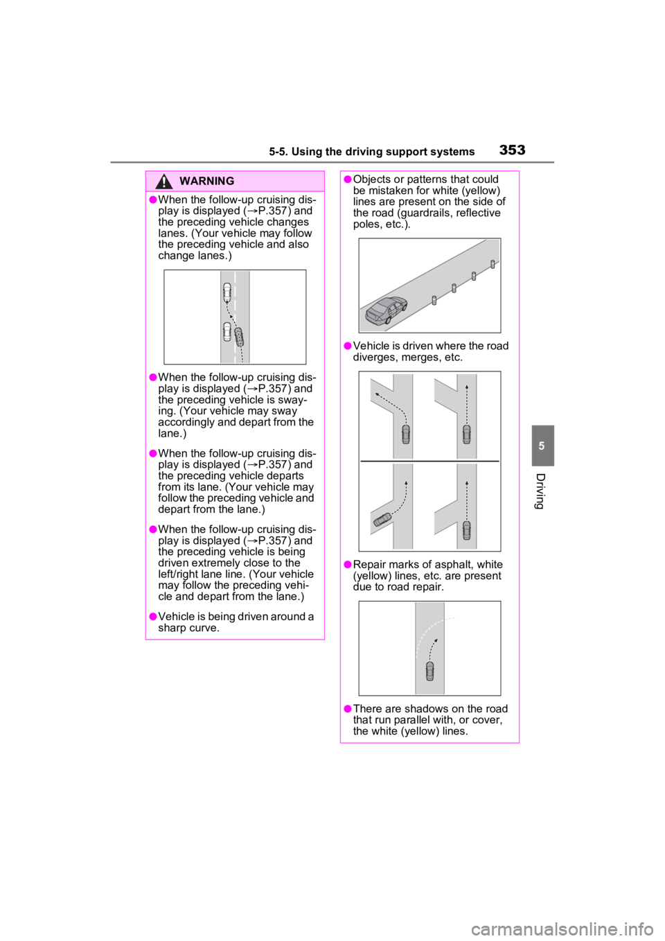 TOYOTA RAV4 PRIME 2023  Owners Manual 3535-5. Using the driving support systems
5
Driving
WARNING
●When the follow-up cruising dis-
play is displayed (P.357) and 
the preceding vehicle changes 
lanes. (Your veh icle may follow 
the p
