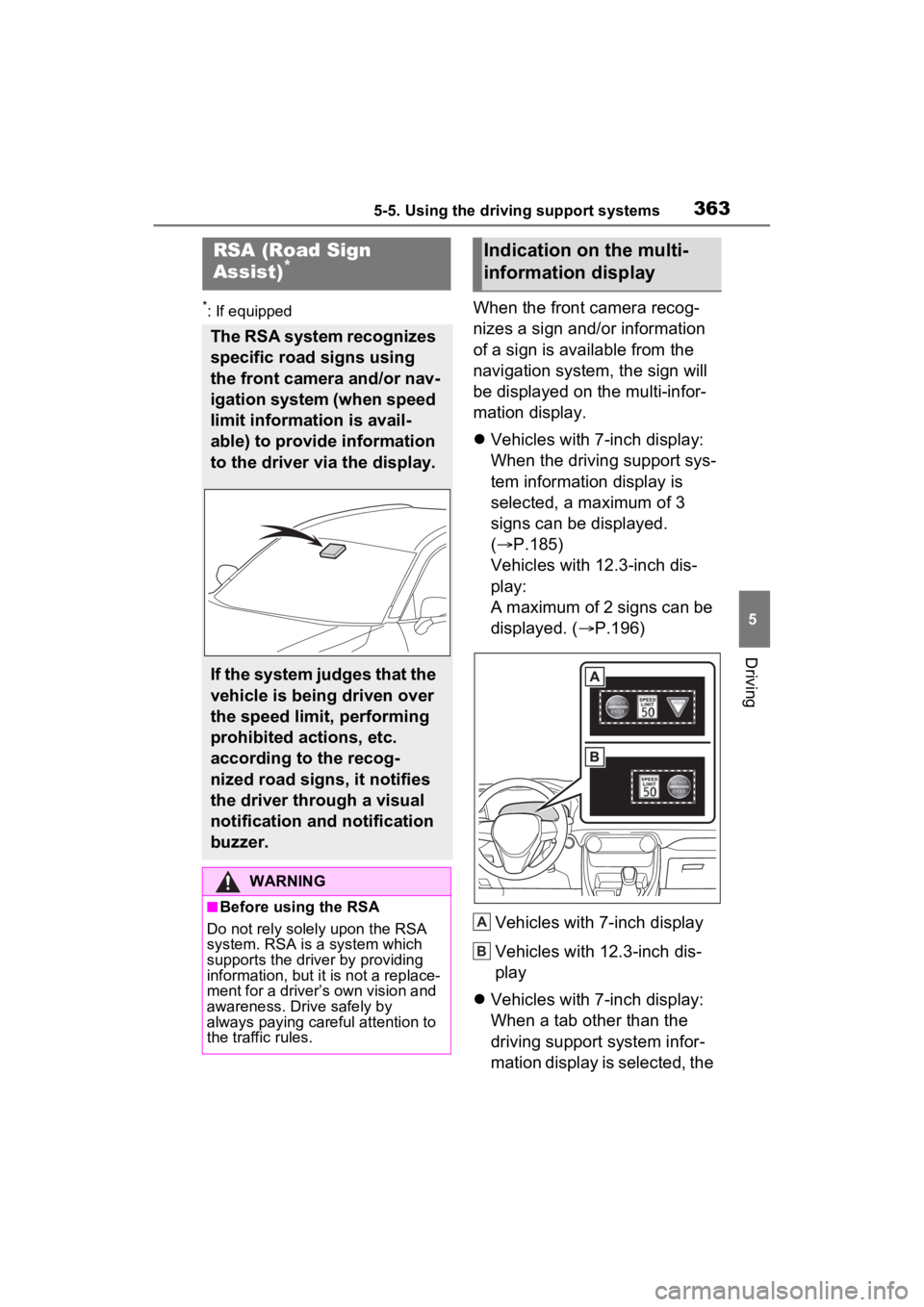 TOYOTA RAV4 PRIME 2023  Owners Manual 3635-5. Using the driving support systems
5
Driving
*: If equippedWhen the front camera recog-
nizes a sign and/or information 
of a sign is available from the 
navigation system, the sign will 
be di