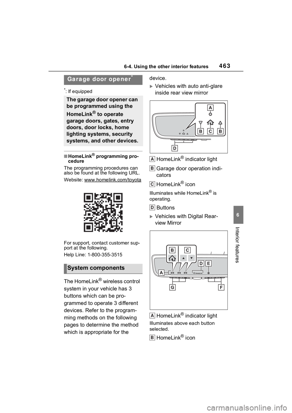 TOYOTA RAV4 PRIME 2023  Owners Manual 4636-4. Using the other interior features
6
Interior features
*: If equipped
■HomeLink® programming pro-
cedure
The programming procedures can 
also be found at the following URL.
Website: www.hom 
