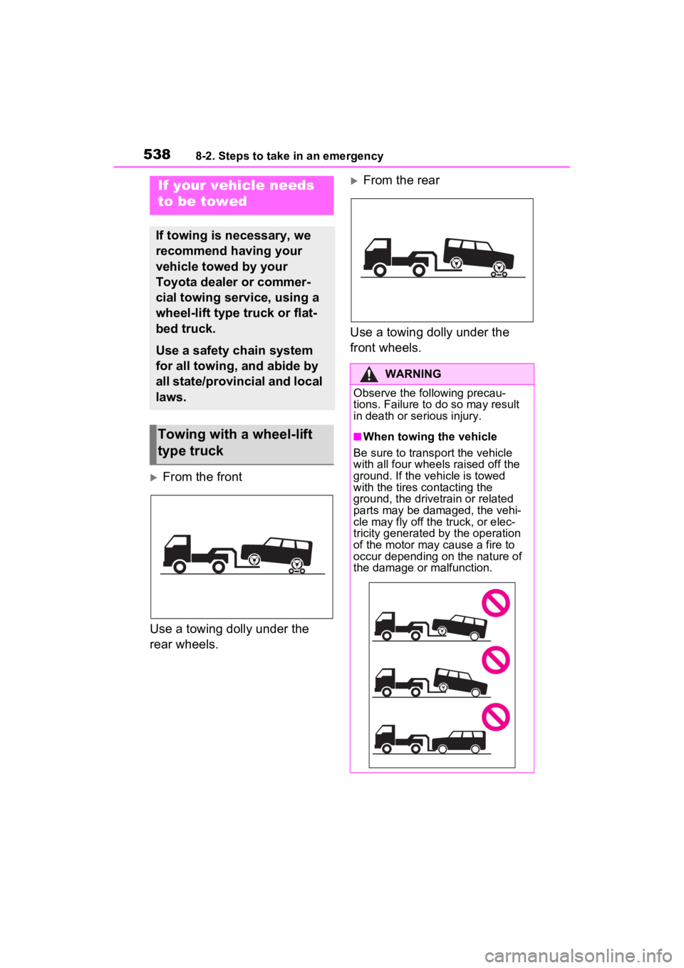 TOYOTA RAV4 PRIME 2023  Owners Manual 5388-2. Steps to take in an emergency
8-2.Steps to take in an emergency
From the front
Use a towing dolly under the 
rear wheels.
From the rear
Use a towing dolly under the 
front wheels.If your