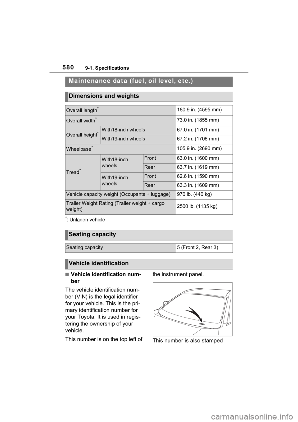 TOYOTA RAV4 PRIME 2023  Owners Manual 5809-1. Specifications
9-1.Specifications
*: Unladen vehicle
■Vehicle identification num-
ber
The vehicle identification num-
ber (VIN) is the legal identifier 
for your vehicle. This is the pri-
ma