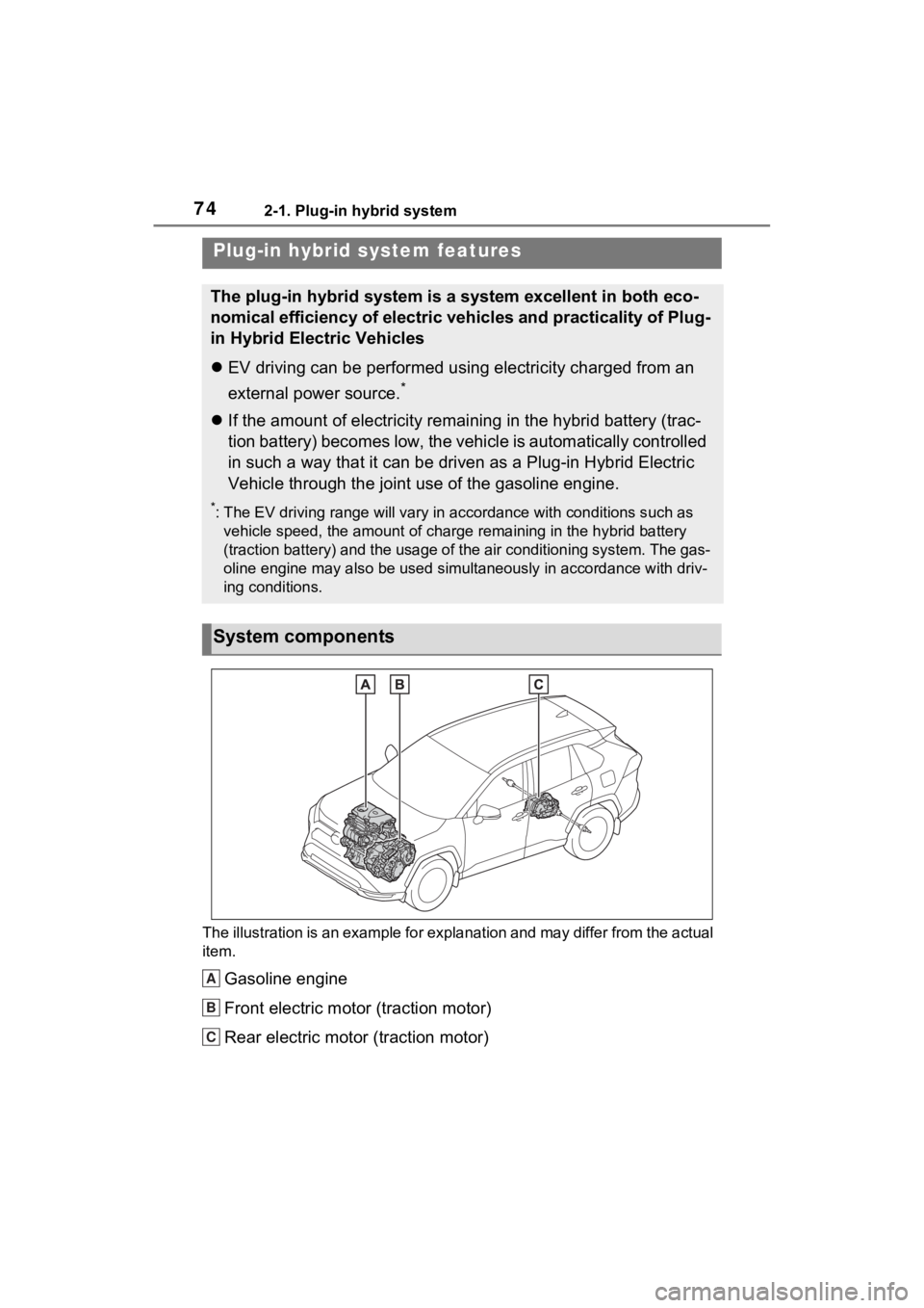 TOYOTA RAV4 PRIME 2023  Owners Manual 742-1. Plug-in hybrid system
2-1.Plug-in hybrid system
The illustration is an example for explanation and may differ from the actual 
item.
Gasoline engine
Front electric motor (traction motor)
Rear e