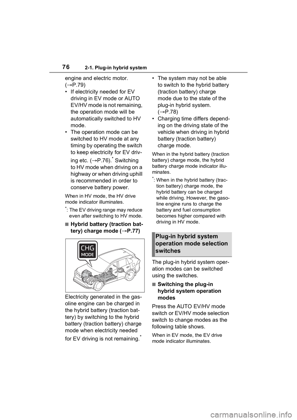 TOYOTA RAV4 PRIME 2023  Owners Manual 762-1. Plug-in hybrid system
engine and electric motor. 
(P.79)
• If electricity needed for EV  driving in EV mode or AUTO 
EV/HV mode is not remaining, 
the operation mode will be 
automatically
