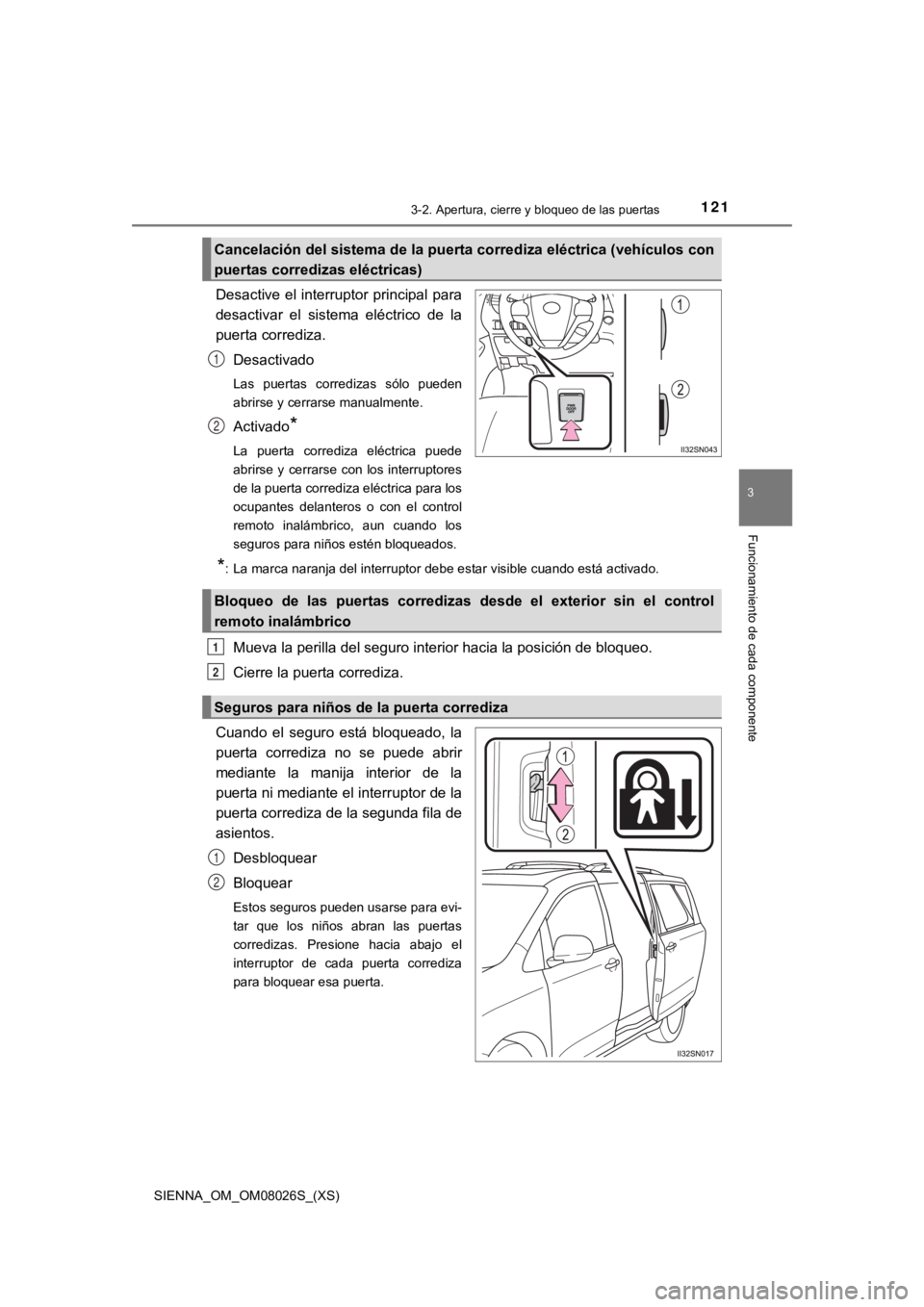 TOYOTA SIENNA 2019  Manual del propietario (in Spanish) SIENNA_OM_OM08026S_(XS)
1213-2. Apertura, cierre y bloqueo de las puertas
3
Funcionamiento de cada componente
Desactive el interruptor principal para
desactivar  el  sistema  eléctrico  de  la
puerta
