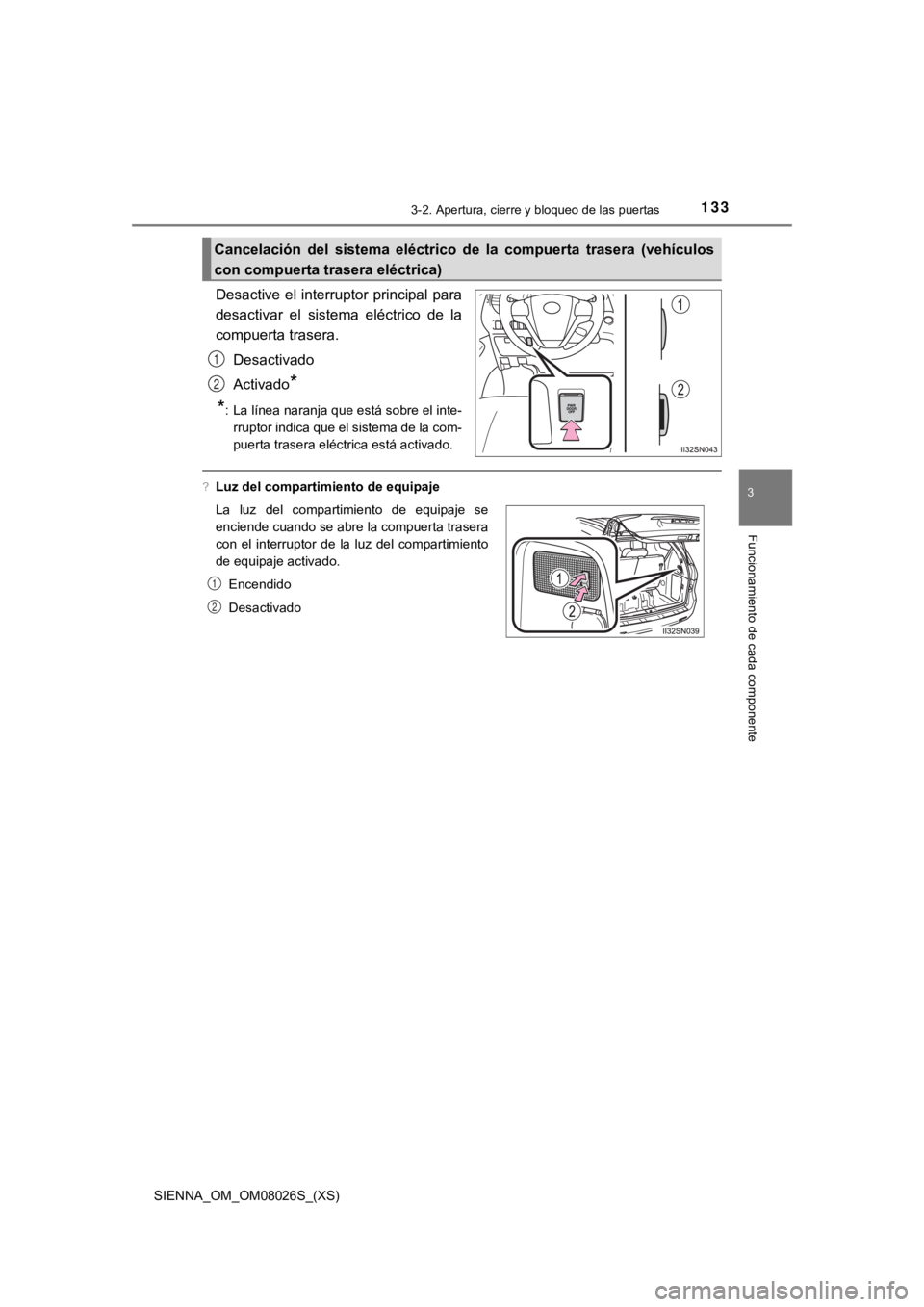 TOYOTA SIENNA 2019  Manual del propietario (in Spanish) SIENNA_OM_OM08026S_(XS)
1333-2. Apertura, cierre y bloqueo de las puertas
3
Funcionamiento de cada componente
Desactive el interruptor principal para
desactivar  el  sistema  eléctrico  de  la
compue