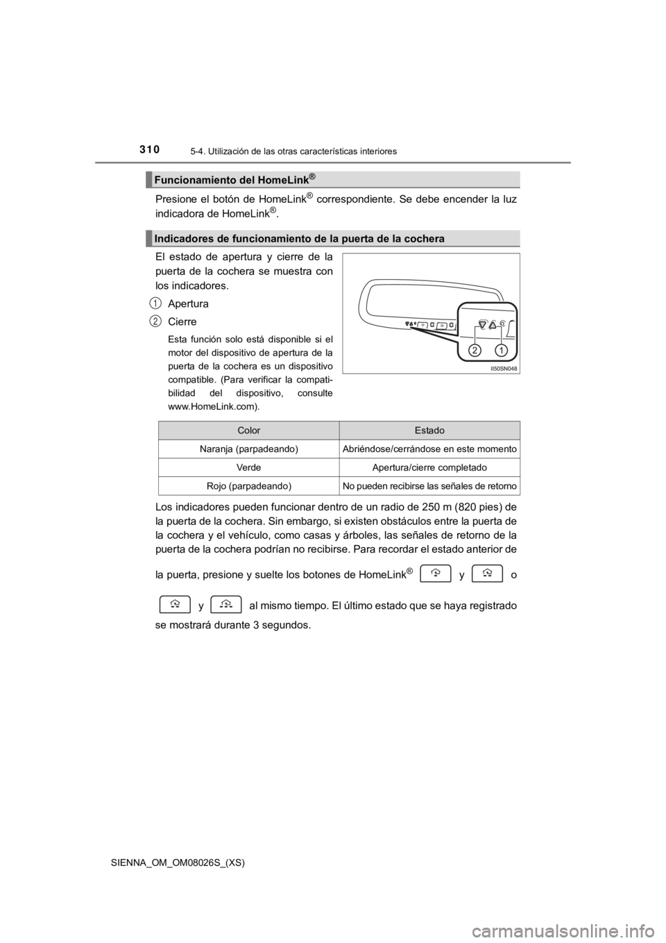 TOYOTA SIENNA 2019  Manual del propietario (in Spanish) 310
SIENNA_OM_OM08026S_(XS)
5-4. Utilización de las otras características interiores
Presione  el  botón  de  HomeLink®  correspondiente.  Se  debe  encender  la  luz
indicadora de HomeLink®.
El 