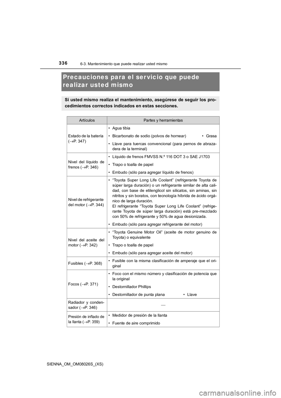 TOYOTA SIENNA 2019  Manual del propietario (in Spanish) 336
SIENNA_OM_OM08026S_(XS)
6-3. Mantenimiento que puede realizar usted mismo
Precauciones para el ser vicio que puede 
realizar usted mismo
Si usted mismo realiza el mante nimiento, asegúrese de seg