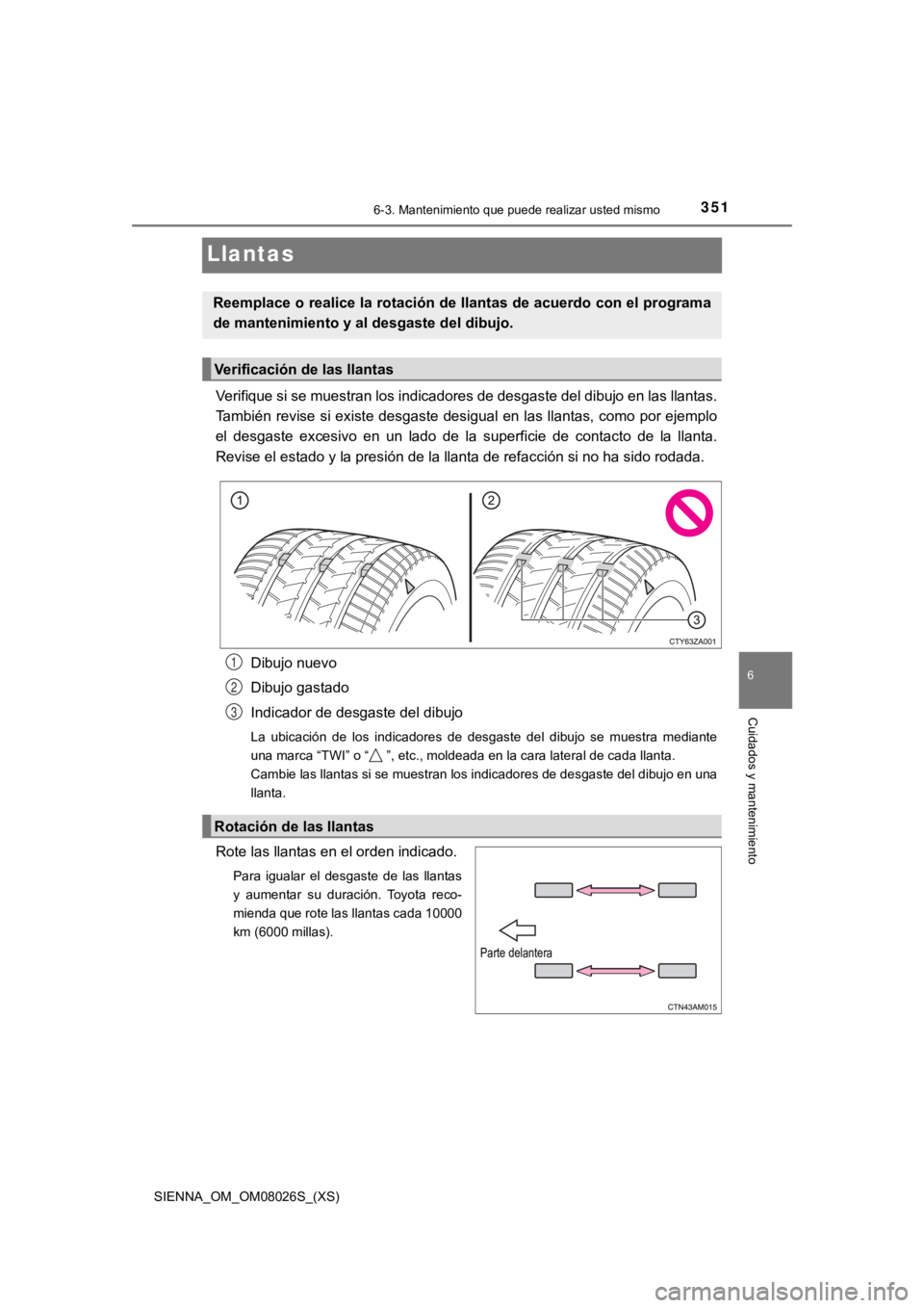 TOYOTA SIENNA 2019  Manual del propietario (in Spanish) 351
SIENNA_OM_OM08026S_(XS)
6-3. Mantenimiento que puede realizar usted mismo
6
Cuidados y mantenimiento
Llantas
Verifique si se muestran los indicadores de desgaste del dibujo en las llantas.
Tambié