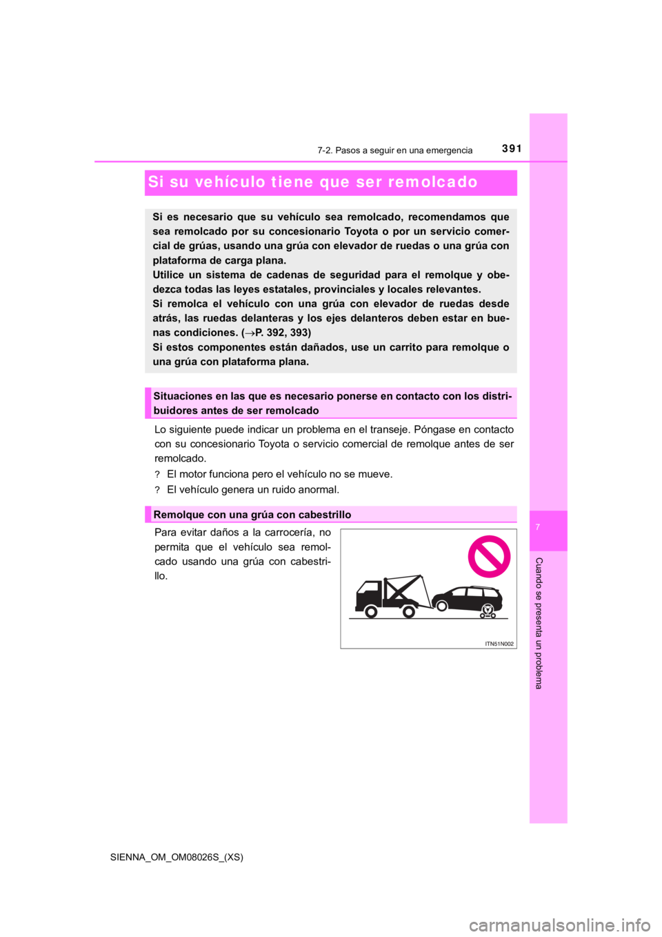 TOYOTA SIENNA 2019  Manual del propietario (in Spanish) 391
SIENNA_OM_OM08026S_(XS)
7
Cuando se presenta un problema
7-2. Pasos a seguir en una emergencia
Si su vehículo tiene que ser remolcado
Lo siguiente puede indicar un problema en el transeje. Pónga