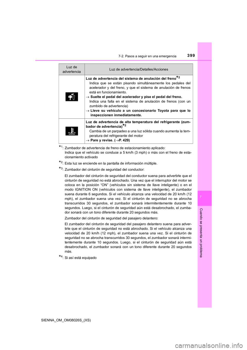 TOYOTA SIENNA 2019  Manual del propietario (in Spanish) 3997-2. Pasos a seguir en una emergencia
SIENNA_OM_OM08026S_(XS)
7
Cuando se presenta un problema
*1: Zumbador de advertencia de freno de estacionamiento aplicado: Indica que el vehículo  se conduce 