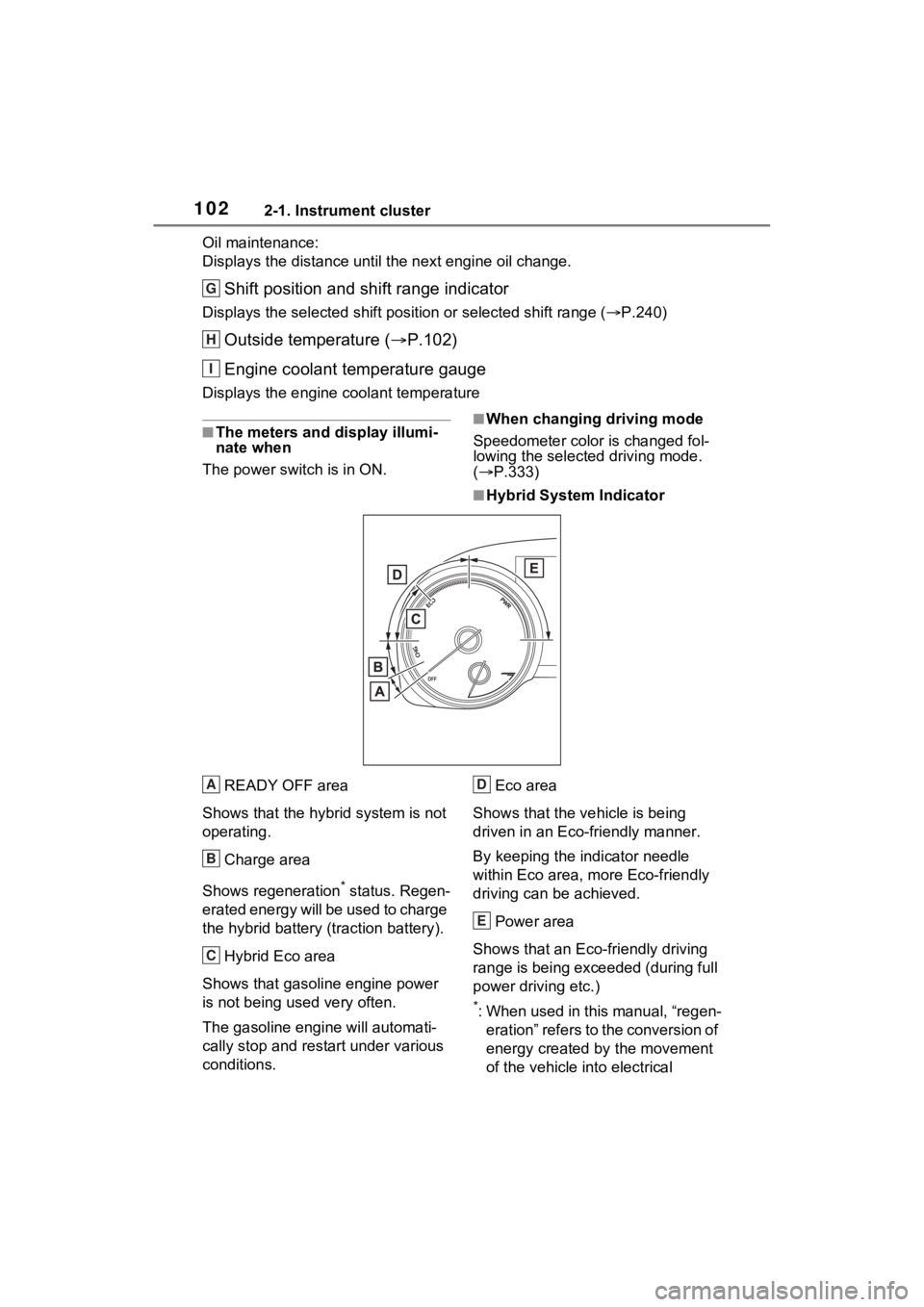 TOYOTA SIENNA HYBRID 2022 Owners Manual 1022-1. Instrument cluster
Oil maintenance:
Displays the distance until the next engine oil change.
Shift position and shift range indicator
Displays the selected shift posit ion or selected shift ran TOYOTA SIENNA HYBRID 2022 Owners Manual 1022-1. Instrument cluster
Oil maintenance:
Displays the distance until the next engine oil change.
Shift position and shift range indicator
Displays the selected shift posit ion or selected shift ran