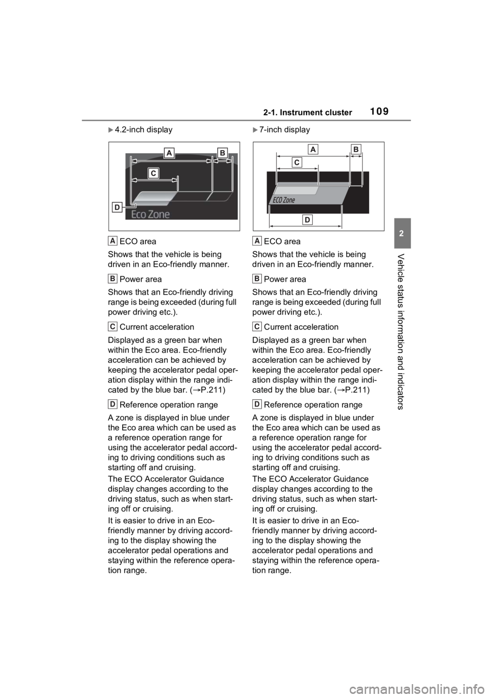 TOYOTA SIENNA HYBRID 2022 Owners Manual 1092-1. Instrument cluster
2
Vehicle status information and indicators
4.2-inch displayECO area
Shows that the vehicle is being
driven in an Eco-friendly manner.
Power area
Shows that an Eco-frien TOYOTA SIENNA HYBRID 2022 Owners Manual 1092-1. Instrument cluster
2
Vehicle status information and indicators
4.2-inch displayECO area
Shows that the vehicle is being
driven in an Eco-friendly manner.
Power area
Shows that an Eco-frien