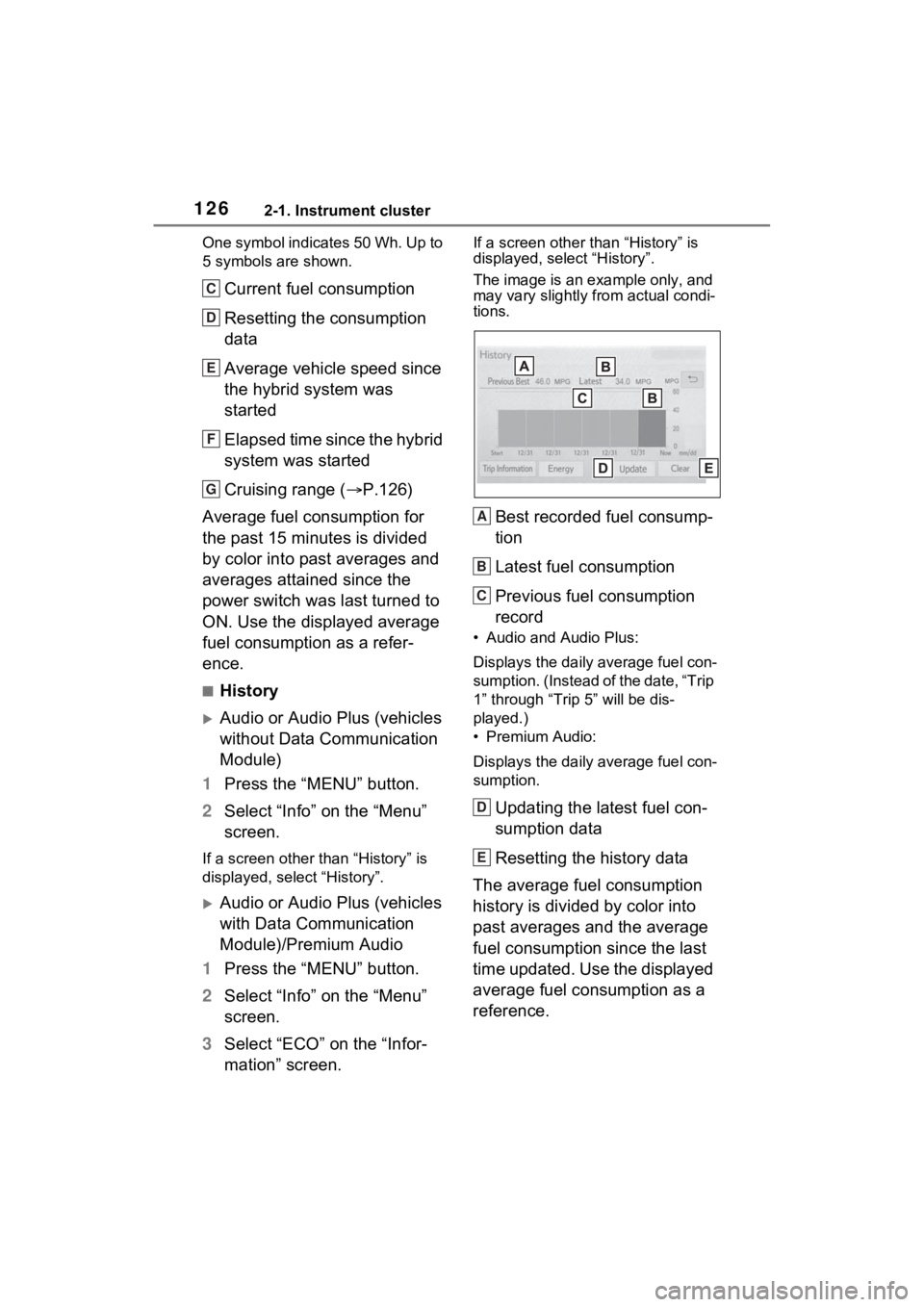 TOYOTA SIENNA HYBRID 2022 Owners Manual 1262-1. Instrument cluster
One symbol indicates 50 Wh. Up to
5 symbols are shown.
Current fuel consumption
Resetting the consumption
data
Average vehicle speed since
the hybrid system was
started
TOYOTA SIENNA HYBRID 2022 Owners Manual 1262-1. Instrument cluster
One symbol indicates 50 Wh. Up to
5 symbols are shown.
Current fuel consumption
Resetting the consumption
data
Average vehicle speed since
the hybrid system was
started