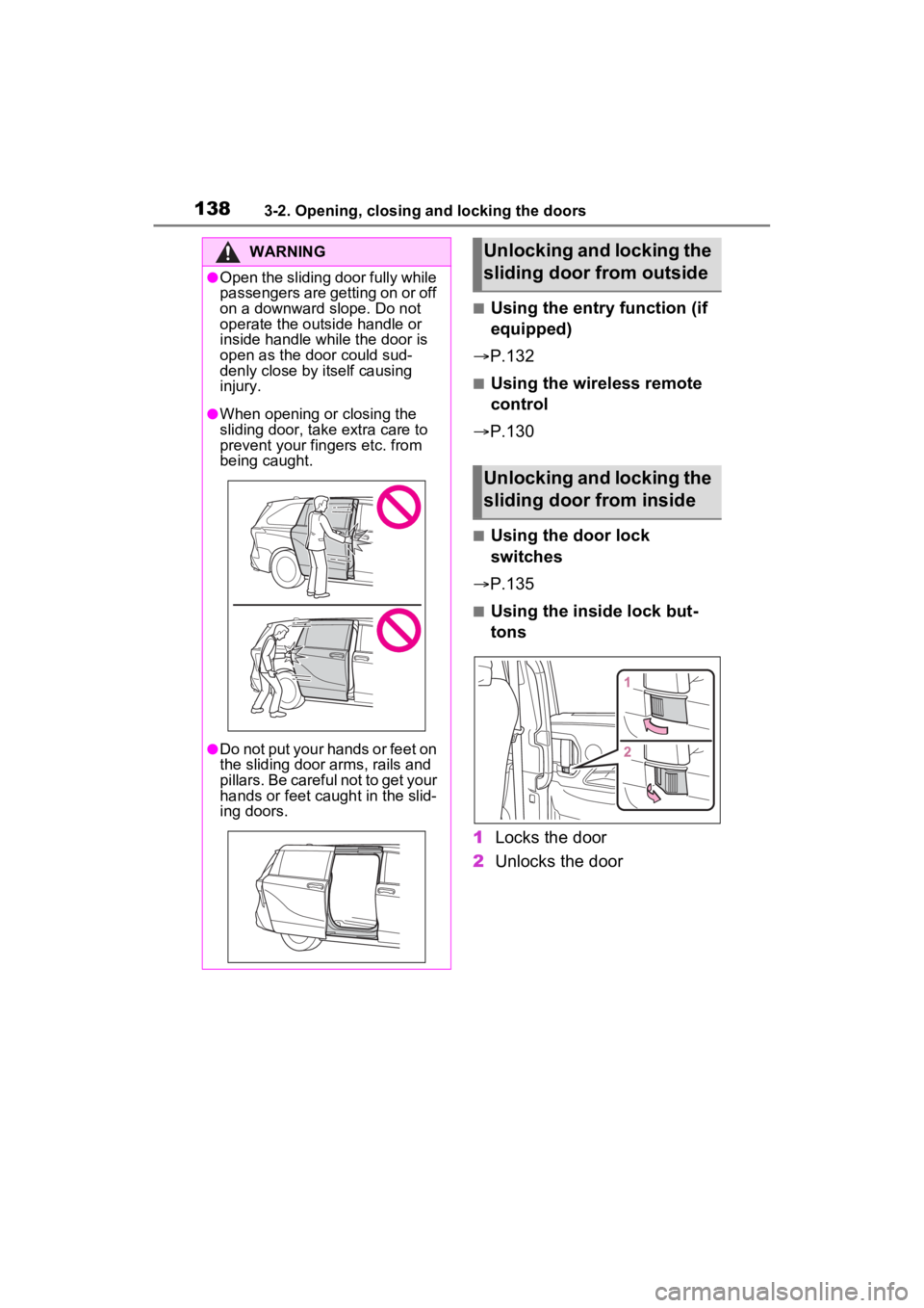 TOYOTA SIENNA HYBRID 2022  Owners Manual 1383-2. Opening, closing and locking the doors
■Using the entry function (if 
equipped)
 P.132
■Using the wireless remote 
control
 P.130
■Using the door lock 
switches
 P.135
■Using 