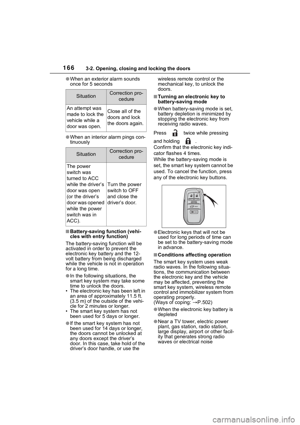 TOYOTA SIENNA HYBRID 2022 Owners Manual 1663-2. Opening, closing and locking the doors
●When an exterior alarm sounds
once for 5 seconds
●When an interior alarm pings con-
tinuously
■Battery-saving function (vehi-
cles with entry fun TOYOTA SIENNA HYBRID 2022 Owners Manual 1663-2. Opening, closing and locking the doors
●When an exterior alarm sounds
once for 5 seconds
●When an interior alarm pings con-
tinuously
■Battery-saving function (vehi-
cles with entry fun