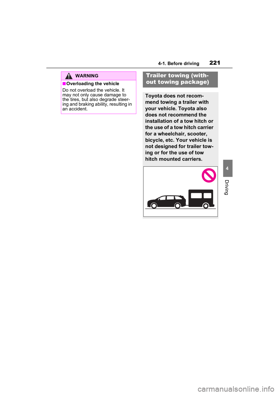 TOYOTA SIENNA HYBRID 2022  Owners Manual 2214-1. Before driving
4
Driving
WARNING
■Overloading the vehicle
Do not overload the vehicle. It 
may not only cause damage to 
the tires, but also degrade steer-
ing and braking ability, resulting
