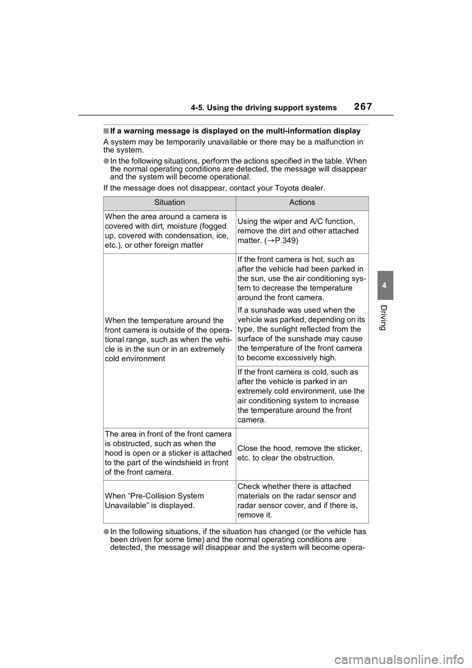 TOYOTA SIENNA HYBRID 2022 Owners Manual 2674-5. Using the driving support systems
4
Driving
■If a warning message is displayed on the multi-information display
A system may be temporarily unava ilable or there may be a malfunction in
the TOYOTA SIENNA HYBRID 2022 Owners Manual 2674-5. Using the driving support systems
4
Driving
■If a warning message is displayed on the multi-information display
A system may be temporarily unava ilable or there may be a malfunction in
the