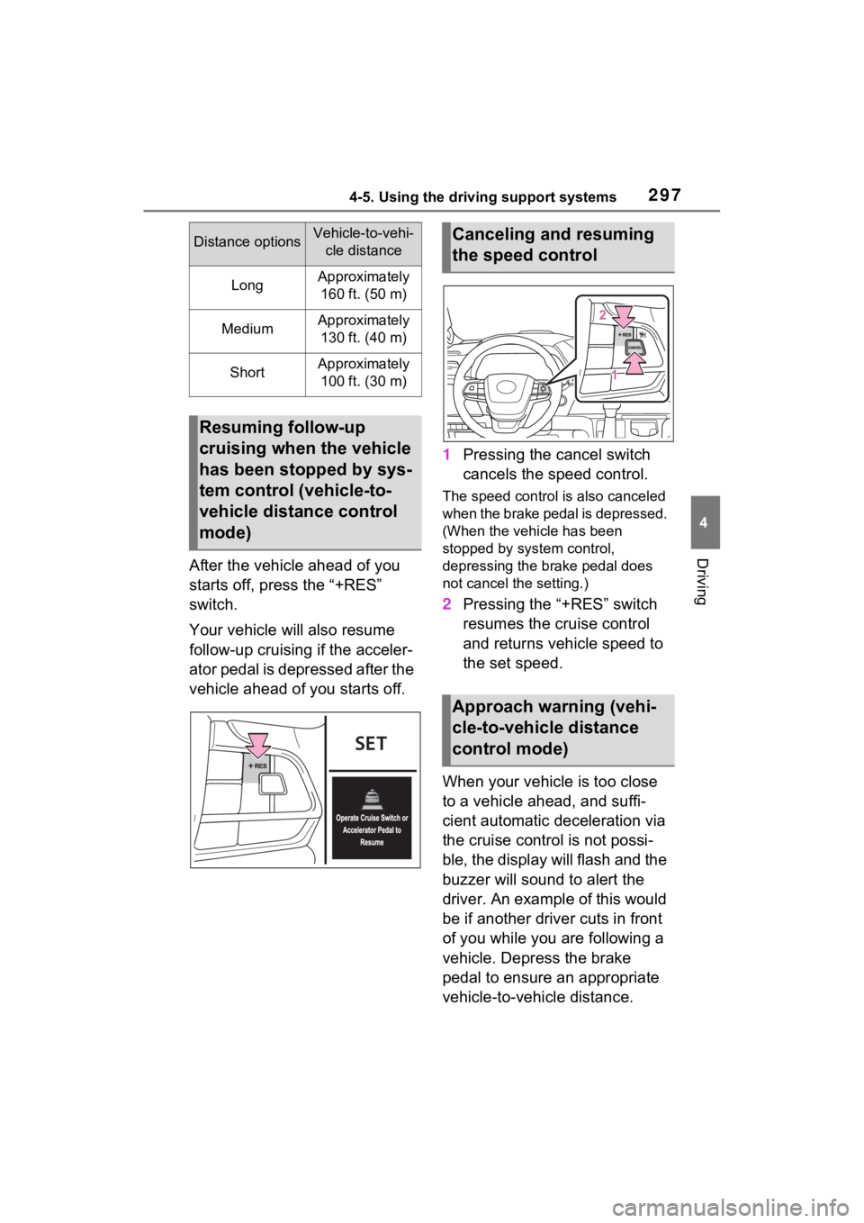 TOYOTA SIENNA HYBRID 2022 Owners Manual 2974-5. Using the driving support systems
4
DrivingAfter the vehicle ahead of you
starts off, press the “+RES”
switch.
Your vehicle will also resume
follow-up cruising if the acceler-
ator peda TOYOTA SIENNA HYBRID 2022 Owners Manual 2974-5. Using the driving support systems
4
DrivingAfter the vehicle ahead of you
starts off, press the “+RES”
switch.
Your vehicle will also resume
follow-up cruising if the acceler-
ator peda