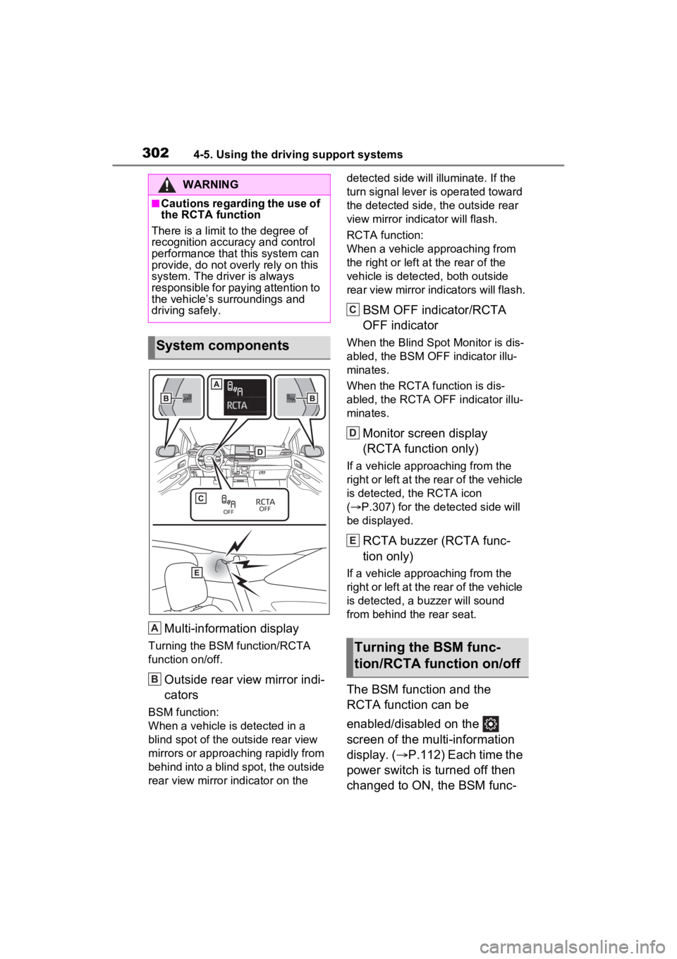 TOYOTA SIENNA HYBRID 2022 Owners Manual 3024-5. Using the driving support systems
Multi-information display
Turning the BSM function/RCTA
function on/off.
Outside rear view mirror indi-
cators
BSM function:
When a vehicle is detected in a TOYOTA SIENNA HYBRID 2022 Owners Manual 3024-5. Using the driving support systems
Multi-information display
Turning the BSM function/RCTA
function on/off.
Outside rear view mirror indi-
cators
BSM function:
When a vehicle is detected in a