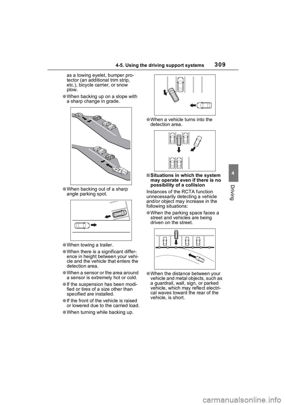 TOYOTA SIENNA HYBRID 2022 Owners Manual 3094-5. Using the driving support systems
4
Driving
as a towing eyelet, bumper pro-
tector (an additional trim strip,
etc.), bicycle carrier, or snow
plow.
●When backing up on a slope with
a shar TOYOTA SIENNA HYBRID 2022 Owners Manual 3094-5. Using the driving support systems
4
Driving
as a towing eyelet, bumper pro-
tector (an additional trim strip,
etc.), bicycle carrier, or snow
plow.
●When backing up on a slope with
a shar
