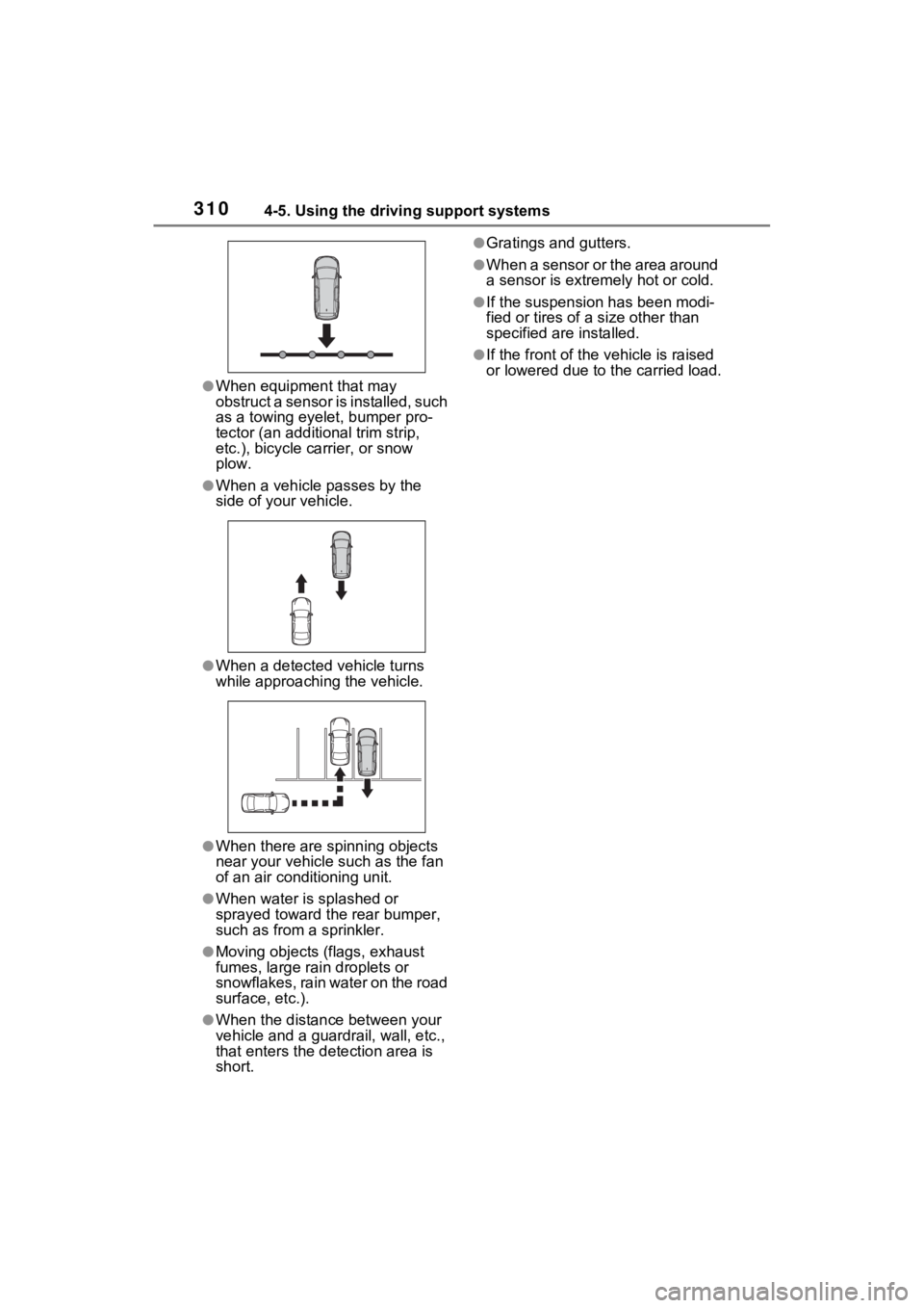 TOYOTA SIENNA HYBRID 2022 Owners Manual 3104-5. Using the driving support systems
●When equipment that may
obstruct a sensor is installed, such
as a towing eyelet, bumper pro-
tector (an additional trim strip,
etc.), bicycle carrier, o TOYOTA SIENNA HYBRID 2022 Owners Manual 3104-5. Using the driving support systems
●When equipment that may
obstruct a sensor is installed, such
as a towing eyelet, bumper pro-
tector (an additional trim strip,
etc.), bicycle carrier, o