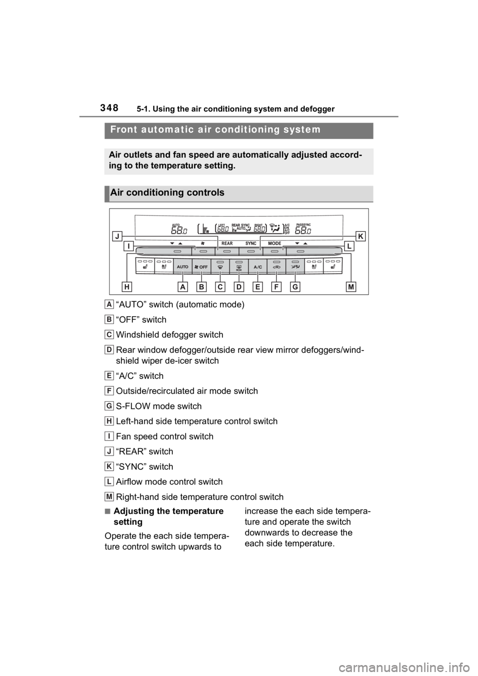 TOYOTA SIENNA HYBRID 2022  Owners Manual 3485-1. Using the air conditioning system and defogger
5-1.Using the air conditioning system and defogger
“AUTO” switch (automatic mode)
“OFF” switch
Windshield defogger switch
Rear window def