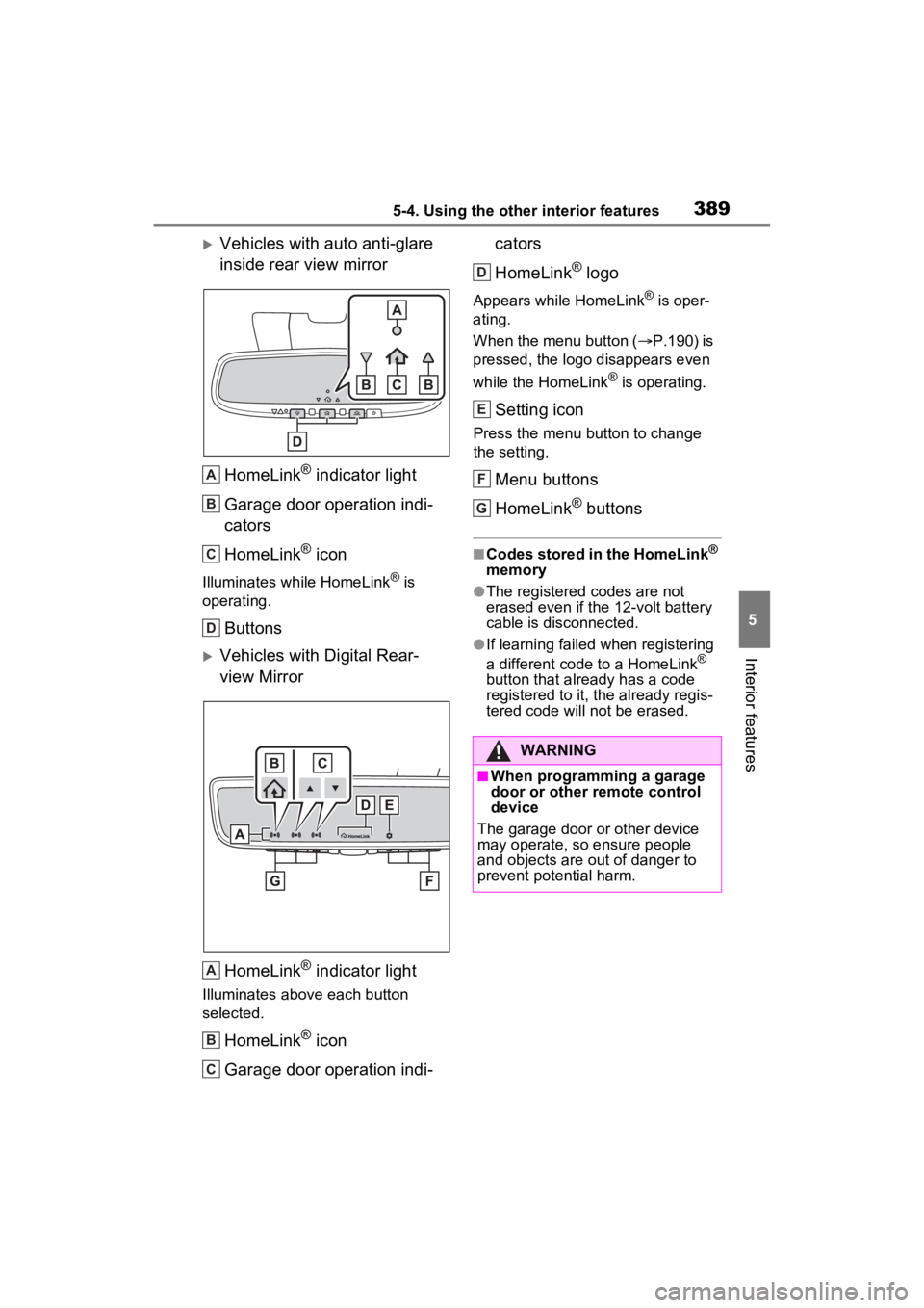 TOYOTA SIENNA HYBRID 2022 Owners Manual 3895-4. Using the other interior features
5
Interior features
Vehicles with auto anti-glare
inside rear view mirrorHomeLink
® indicator light
Garage door operation indi-
cators
HomeLink
® icon
I TOYOTA SIENNA HYBRID 2022 Owners Manual 3895-4. Using the other interior features
5
Interior features
Vehicles with auto anti-glare
inside rear view mirrorHomeLink
® indicator light
Garage door operation indi-
cators
HomeLink
® icon
I