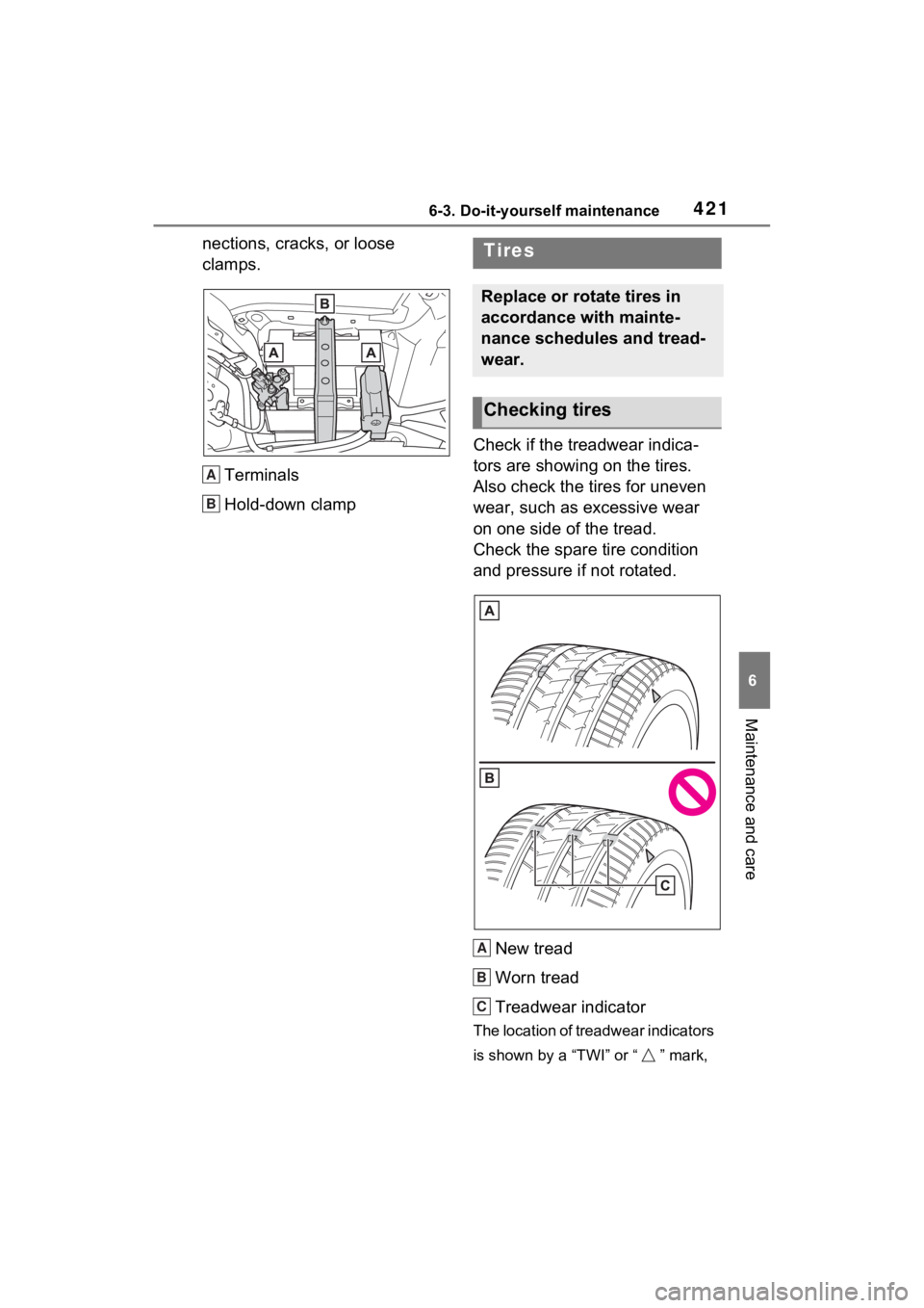 TOYOTA SIENNA HYBRID 2022  Owners Manual 4216-3. Do-it-yourself maintenance
6
Maintenance and care
nections, cracks, or loose 
clamps.Terminals
Hold-down clamp Check if the treadwear indica-
tors are showing on the tires. 
Also check the tir
