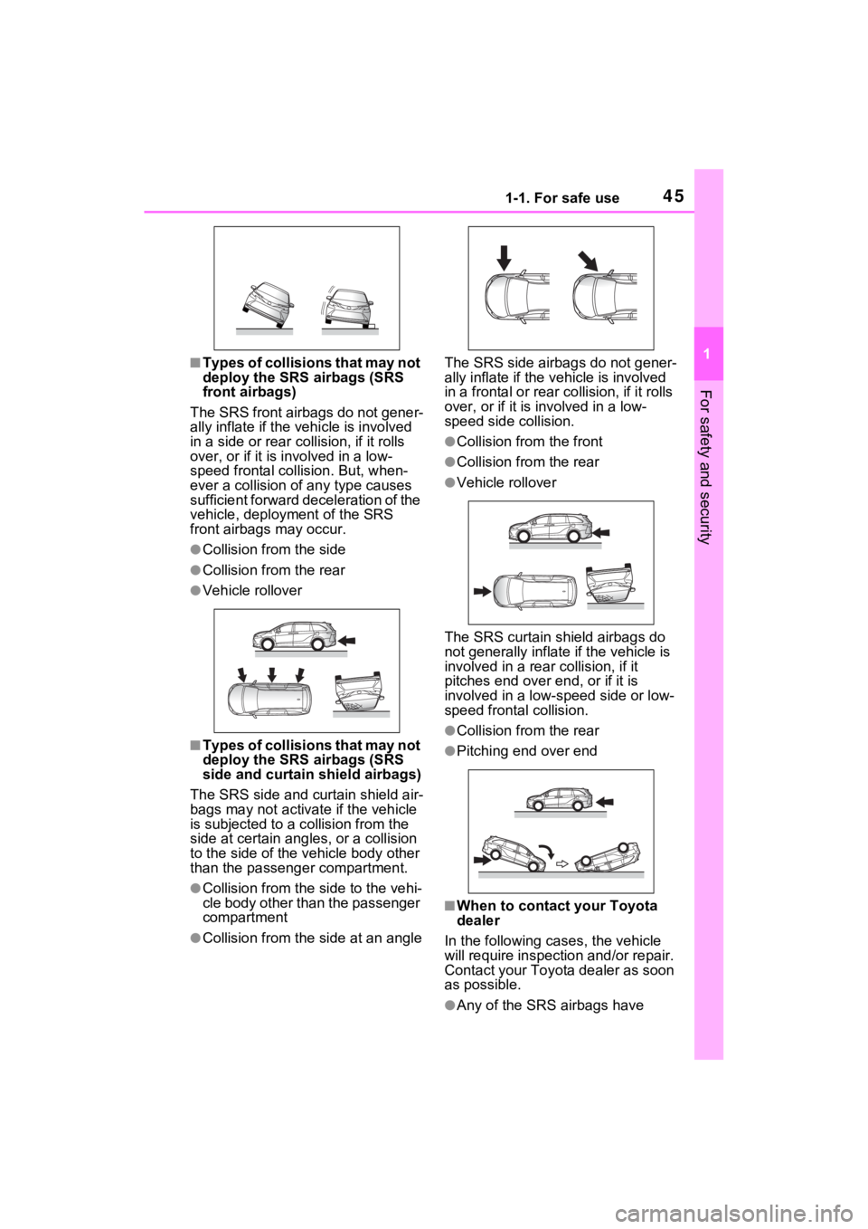 TOYOTA SIENNA HYBRID 2022 Owners Manual 451-1. For safe use
1
For safety and security
■Types of collisions that may not
deploy the SRS airbags (SRS
front airbags)
The SRS front airbags do not gener-
ally inflate if the vehicle is involv TOYOTA SIENNA HYBRID 2022 Owners Manual 451-1. For safe use
1
For safety and security
■Types of collisions that may not
deploy the SRS airbags (SRS
front airbags)
The SRS front airbags do not gener-
ally inflate if the vehicle is involv