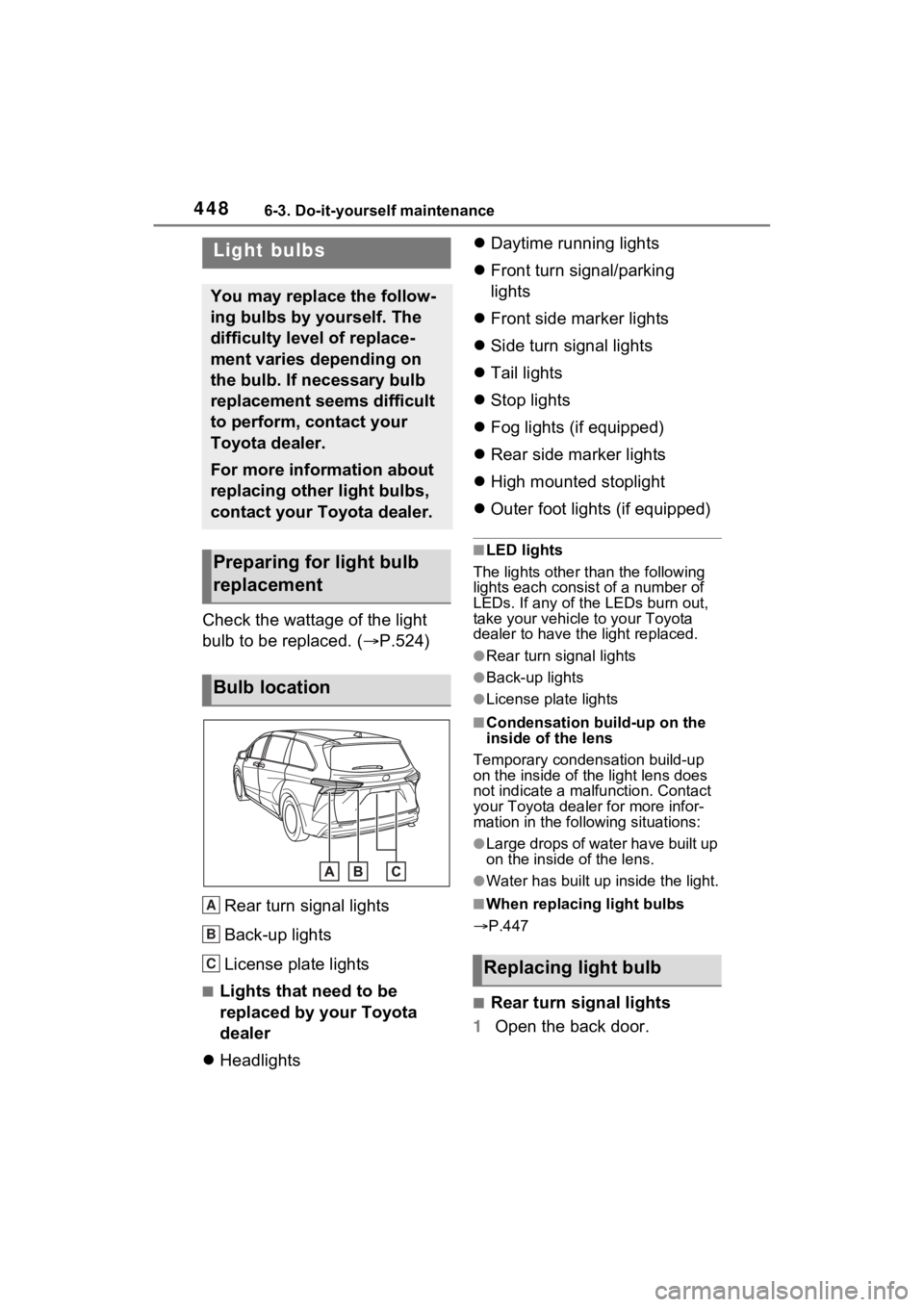 TOYOTA SIENNA HYBRID 2022 Owners Manual 4486-3. Do-it-yourself maintenance
Check the wattage of the light
bulb to be replaced. ( P.524)
Rear turn signal lights
Back-up lights
License plate lights
■Lights that need to be
replaced by y TOYOTA SIENNA HYBRID 2022 Owners Manual 4486-3. Do-it-yourself maintenance
Check the wattage of the light
bulb to be replaced. ( P.524)
Rear turn signal lights
Back-up lights
License plate lights
■Lights that need to be
replaced by y