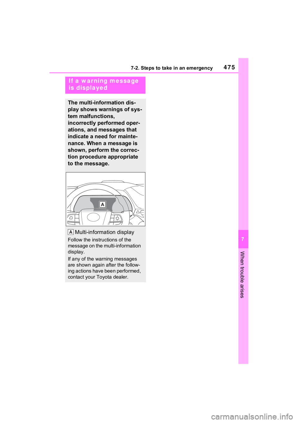 TOYOTA SIENNA HYBRID 2022  Owners Manual 4757-2. Steps to take in an emergency
7
When trouble arises
If a warning message 
is displayed
The multi-information dis-
play shows warnings of sys-
tem malfunctions, 
incorrectly performed oper-
ati