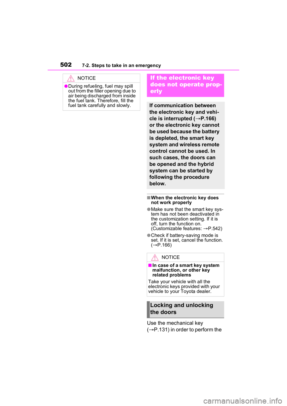 TOYOTA SIENNA HYBRID 2022 Owners Manual 5027-2. Steps to take in an emergency
■When the electronic key does
not work properly
●Make sure that the smart key sys-
tem has not been deactivated in
the customization setting. If it is
off, TOYOTA SIENNA HYBRID 2022 Owners Manual 5027-2. Steps to take in an emergency
■When the electronic key does
not work properly
●Make sure that the smart key sys-
tem has not been deactivated in
the customization setting. If it is
off,