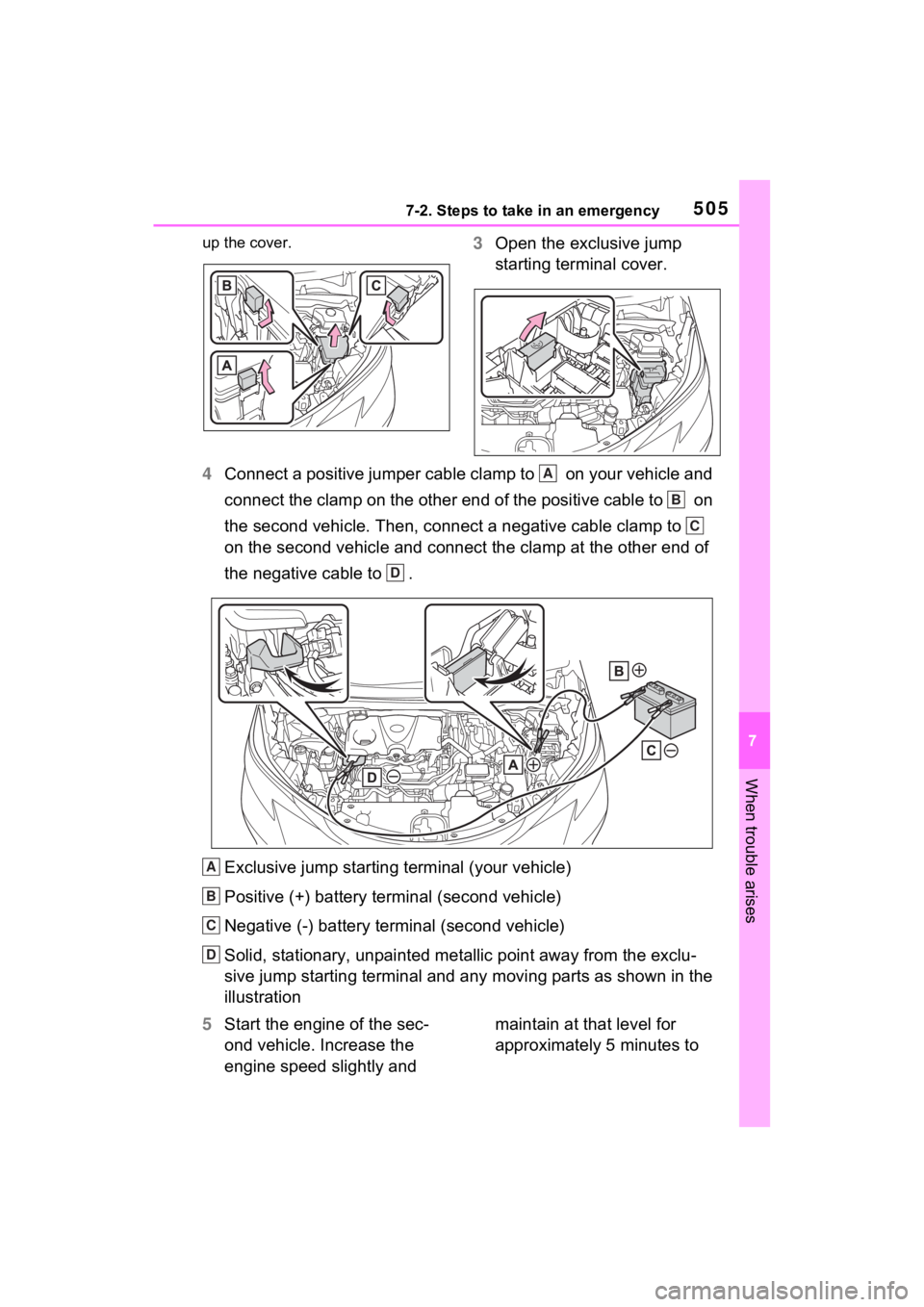 TOYOTA SIENNA HYBRID 2022  Owners Manual 5057-2. Steps to take in an emergency
7
When trouble arises
up the cover.3Open the exclusive jump 
starting terminal cover.
4 Connect a positive jumper cable clamp to   on your vehicle and 
connect th