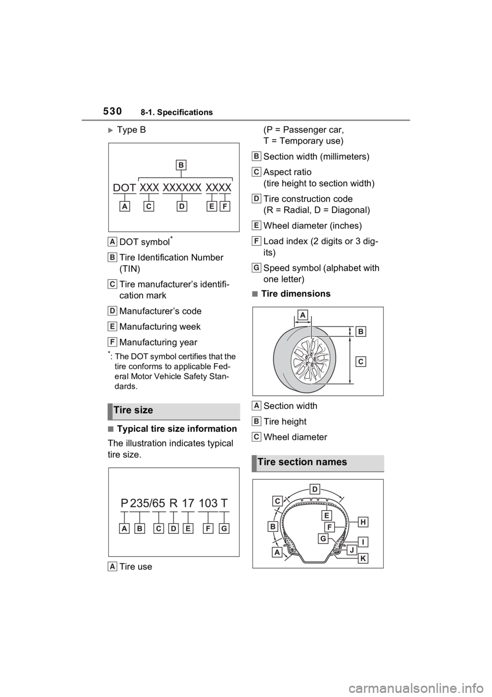 TOYOTA SIENNA HYBRID 2022  Owners Manual 5308-1. Specifications
Type BDOT symbol
*
Tire Identification Number 
(TIN)
Tire manufacturer’s identifi-
cation mark
Manufacturer’s code
Manufacturing week
Manufacturing year
*: The DOT symbol