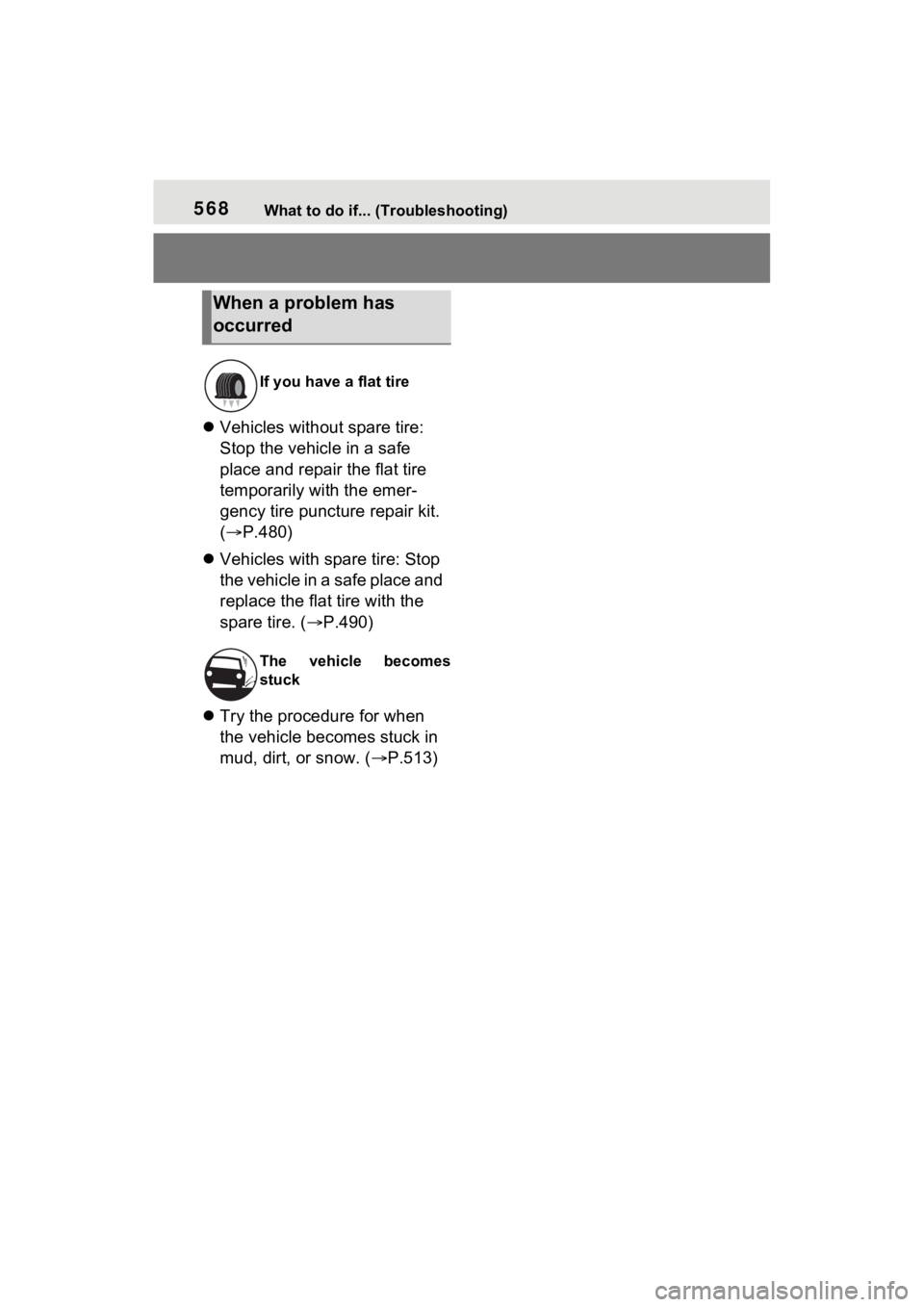 TOYOTA SIENNA HYBRID 2022  Owners Manual 568What to do if... (Troubleshooting)
Vehicles without spare tire: 
Stop the vehicle in a safe 
place and repair the flat tire 
temporarily with the emer-
gency tire puncture repair kit. 
( P.48