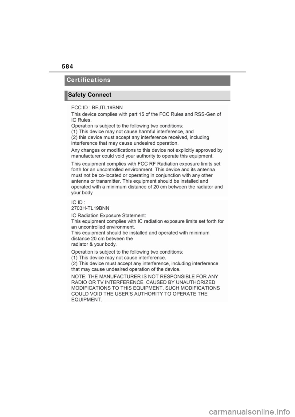 TOYOTA SIENNA HYBRID 2022  Owners Manual 584
Certifications
Safety Connect 