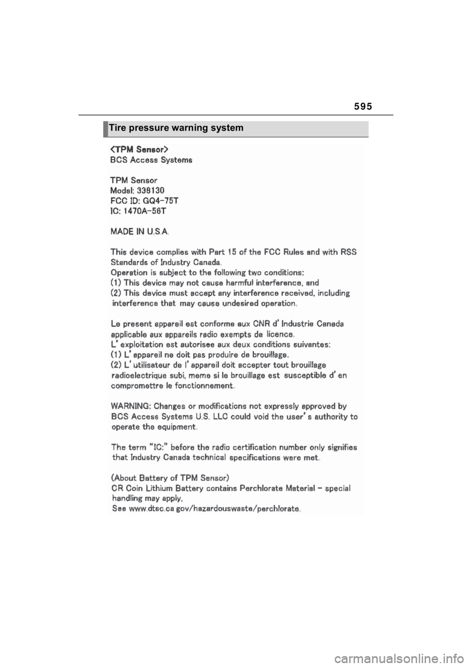 TOYOTA SIENNA HYBRID 2022  Owners Manual 595
Tire pressure warning system 