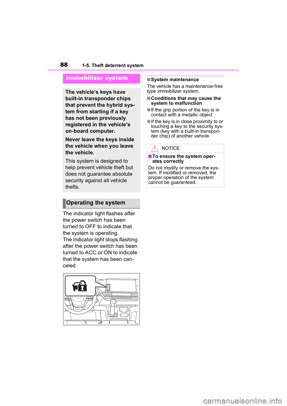 TOYOTA SIENNA HYBRID 2022 Owners Manual 881-5. Theft deterrent system
1-5.Theft deterrent system
The indicator light flashes after
the power switch has been
turned to OFF to indicate that
the system is operating.
The indicator light stop TOYOTA SIENNA HYBRID 2022 Owners Manual 881-5. Theft deterrent system
1-5.Theft deterrent system
The indicator light flashes after
the power switch has been
turned to OFF to indicate that
the system is operating.
The indicator light stop