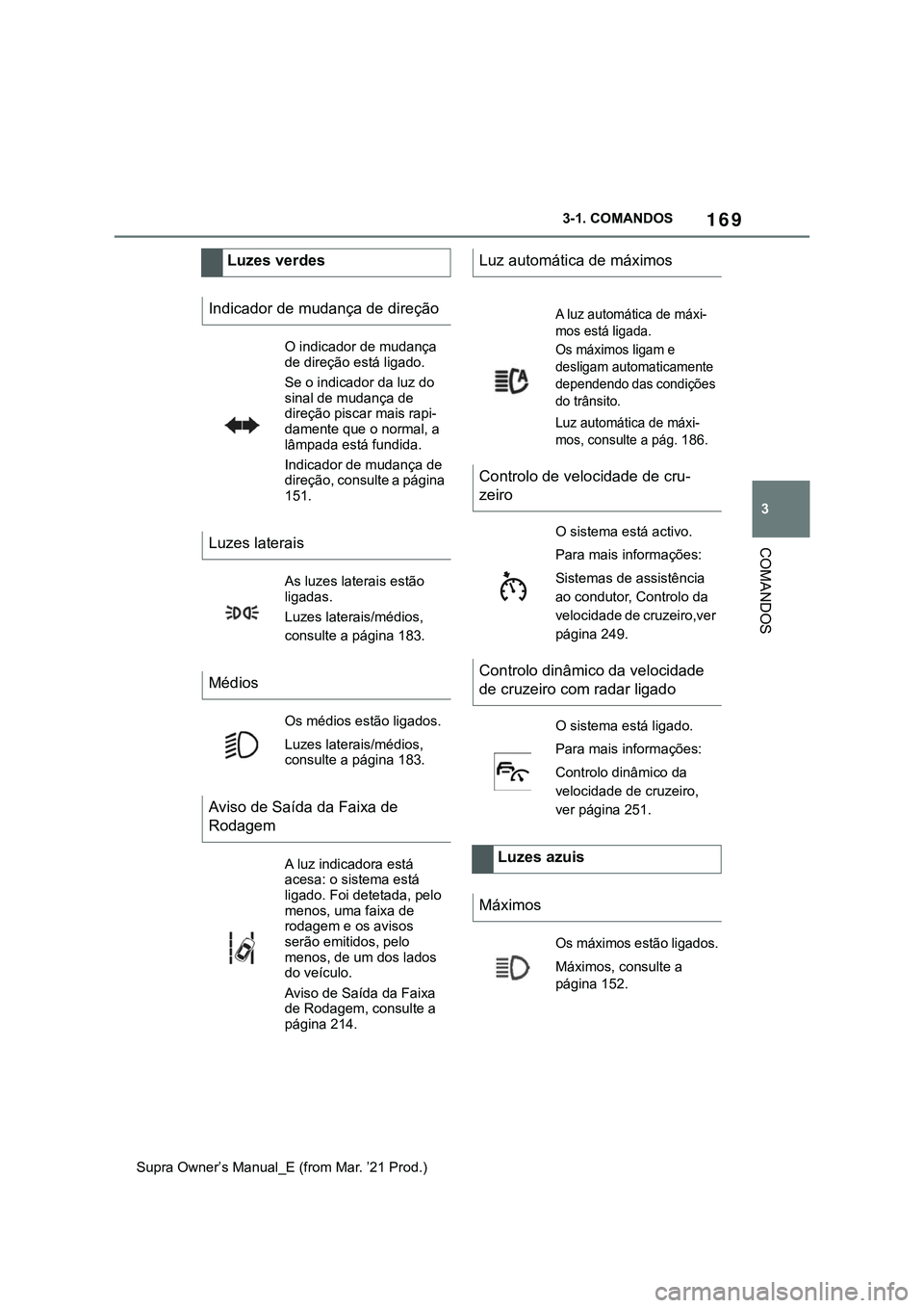 TOYOTA SUPRA 2023  Manual de utilização (in Portuguese) 169
3 3-1. COMANDOS
COMANDOS
Supra Owner’s Manual_E (from Mar. ’21 Prod.)
Luzes verdes
Indicador de mudança de direção
O indicador de mudança 
de direção está ligado.
Se o indicador da luz 